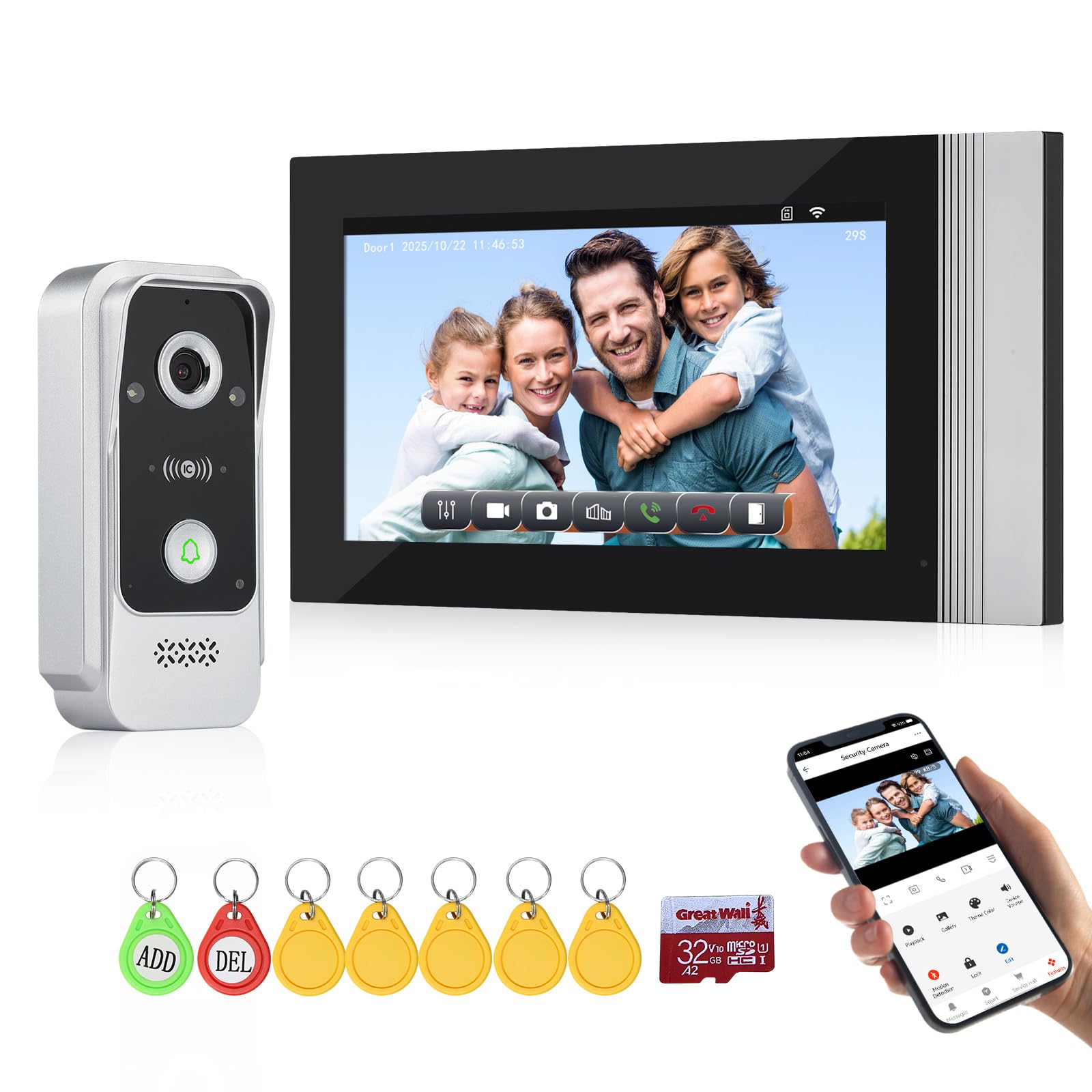 Sistema de Videoportero con Timbre WiFi de 2 Cables, Cámara HD 1080P con Pantalla Táctil Color de 7 Pulgadas, Visión Nocturna, Grabación, Tarjeta RFID/App Tuya Desbloqueo Remoto