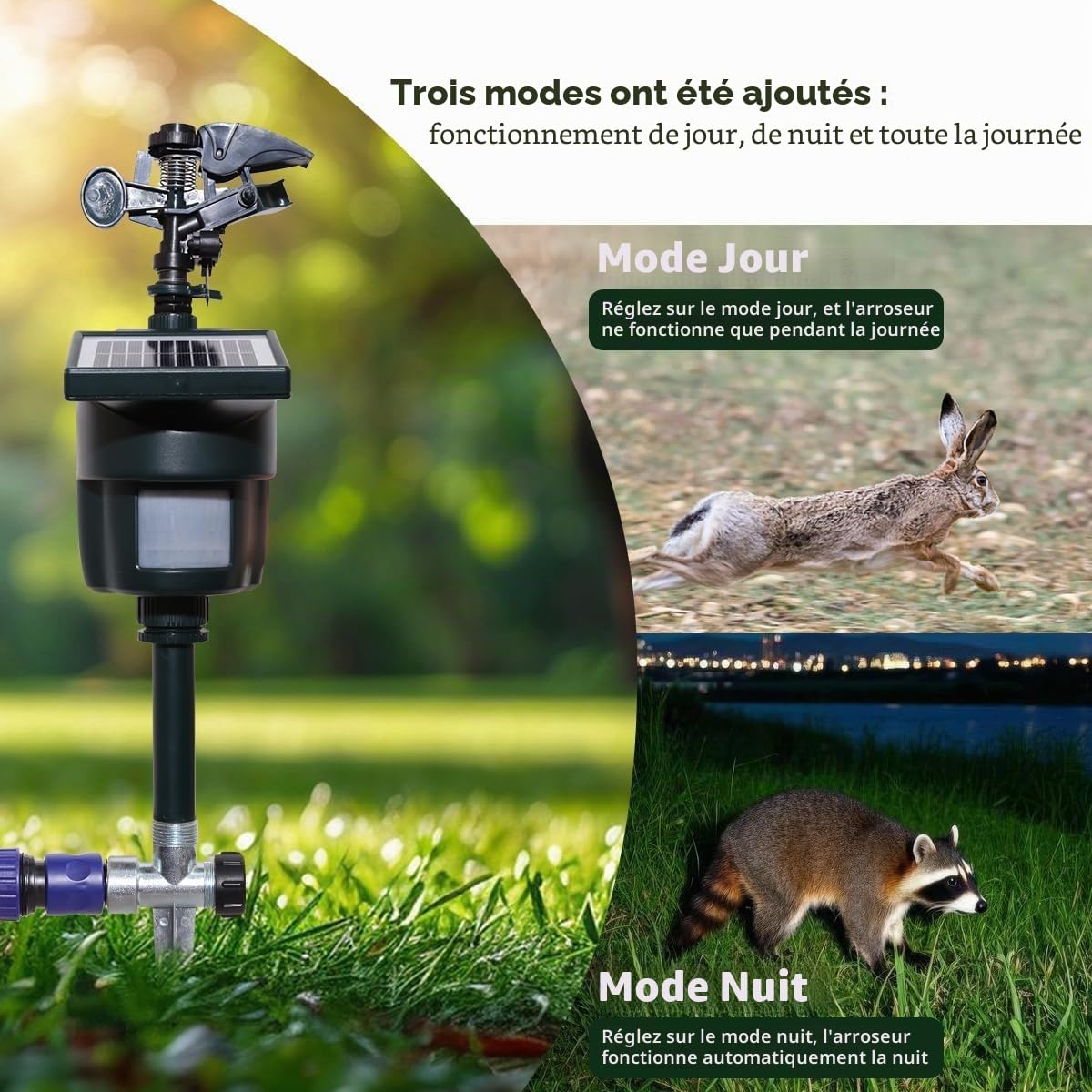 Arroseur activé par Le Mouvement avec Modes Jour et Nuit, Jet d'eau, répulsif pour Animaux avec Panneau Solaire, Jardin