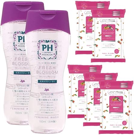 Amazon デリケートゾーン専用ソープ Ph Japan プレミアム フェミニンウォッシュ 150ml2個 Premishウェット シートタイプ 7枚入り 5個セット 外出先で エチケット 毎日お手入れ におい かゆみ 黒ずみ 生理時 日本製 フレッシュブロッサム Phジャパン ボディケア