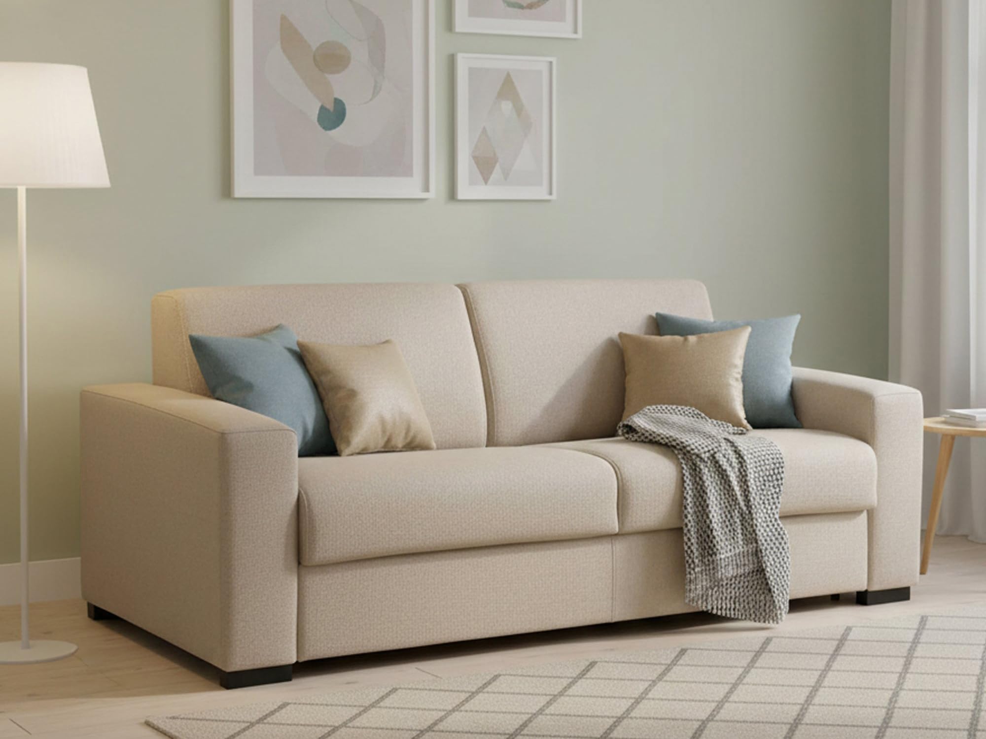 Dmora Divano Letto 2 posti Alena, Sofà Soggiorno con Apertura Girevole, Tessuto Imbottito, Braccioli Slim, 100% Made in Italy, Cm 160x95h90, Beige