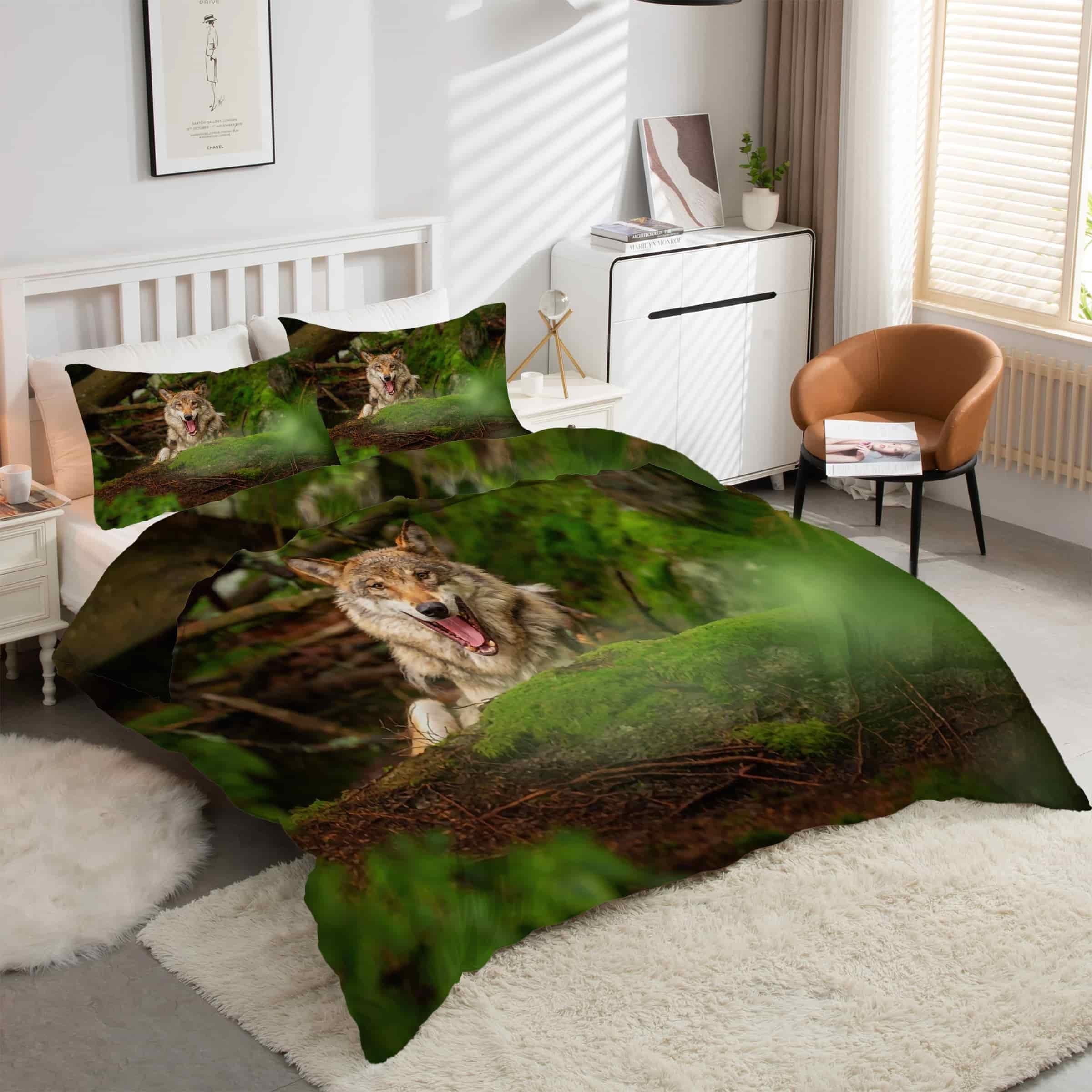 Housse de couette 220x240 loup avec 2 taies d'oreiller ensemble de lit 3 pièces en microfibre douce