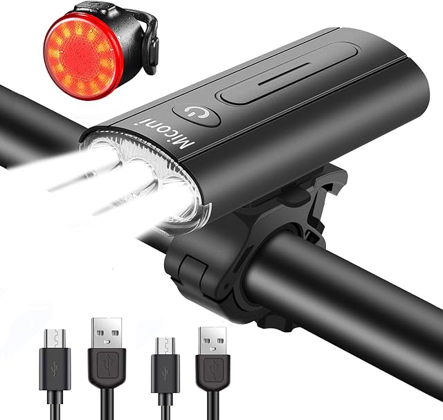 Miconi Bike Light Set,2400 Lumens USB Rechargeable Bicycle Lights,6 Modes Waterproof LED Headlight Mountain Bike Light,Safety & Easy Mount Cycling Front Light & Rear Light Fits All Bicycles