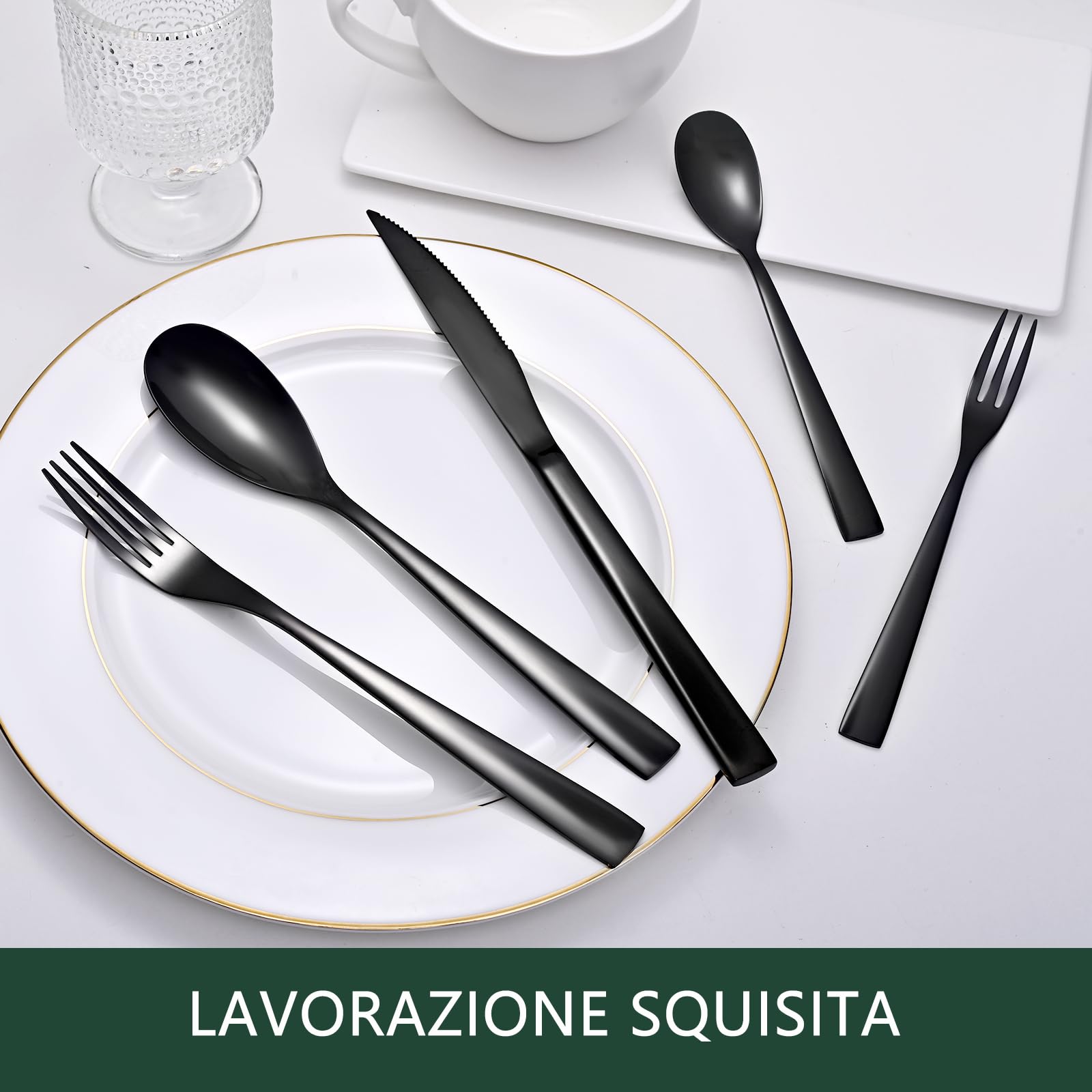 Otto Koning - Berlin - Set di Posate 20 Pezzi in Acciaio Inossidabile Placcato in Nero Titanio e Lucido, Spessore 4 mm. e Coltello da Bistecca. Un Moderno Servizio da tavola per 4 commensali