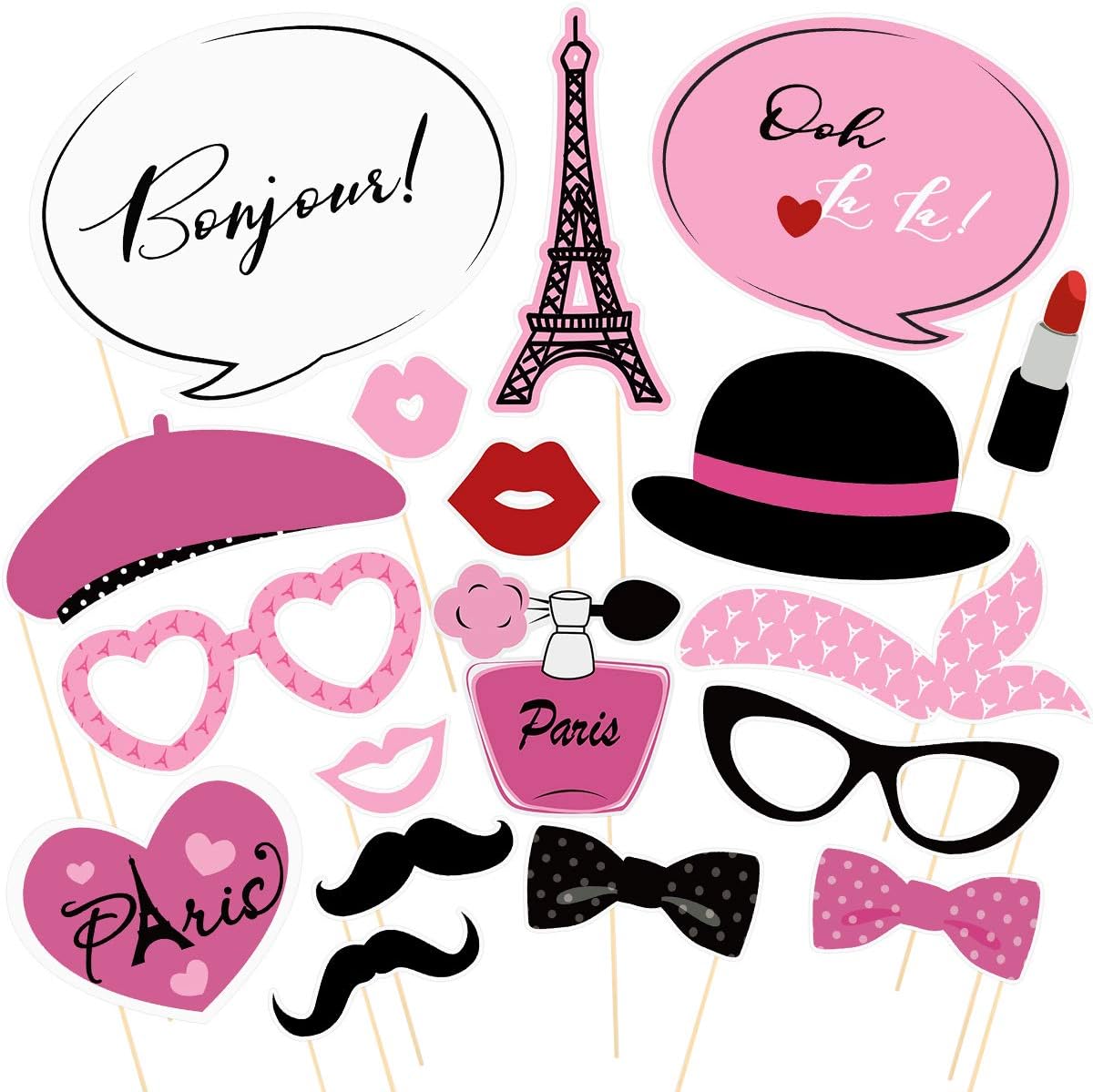 Amosfun Paris Themed Photo Booth Props Kit, 18PCS, Paper, Paris Themed Decoration, French Photo Booth Props, Eiffel Tower, Party Favors