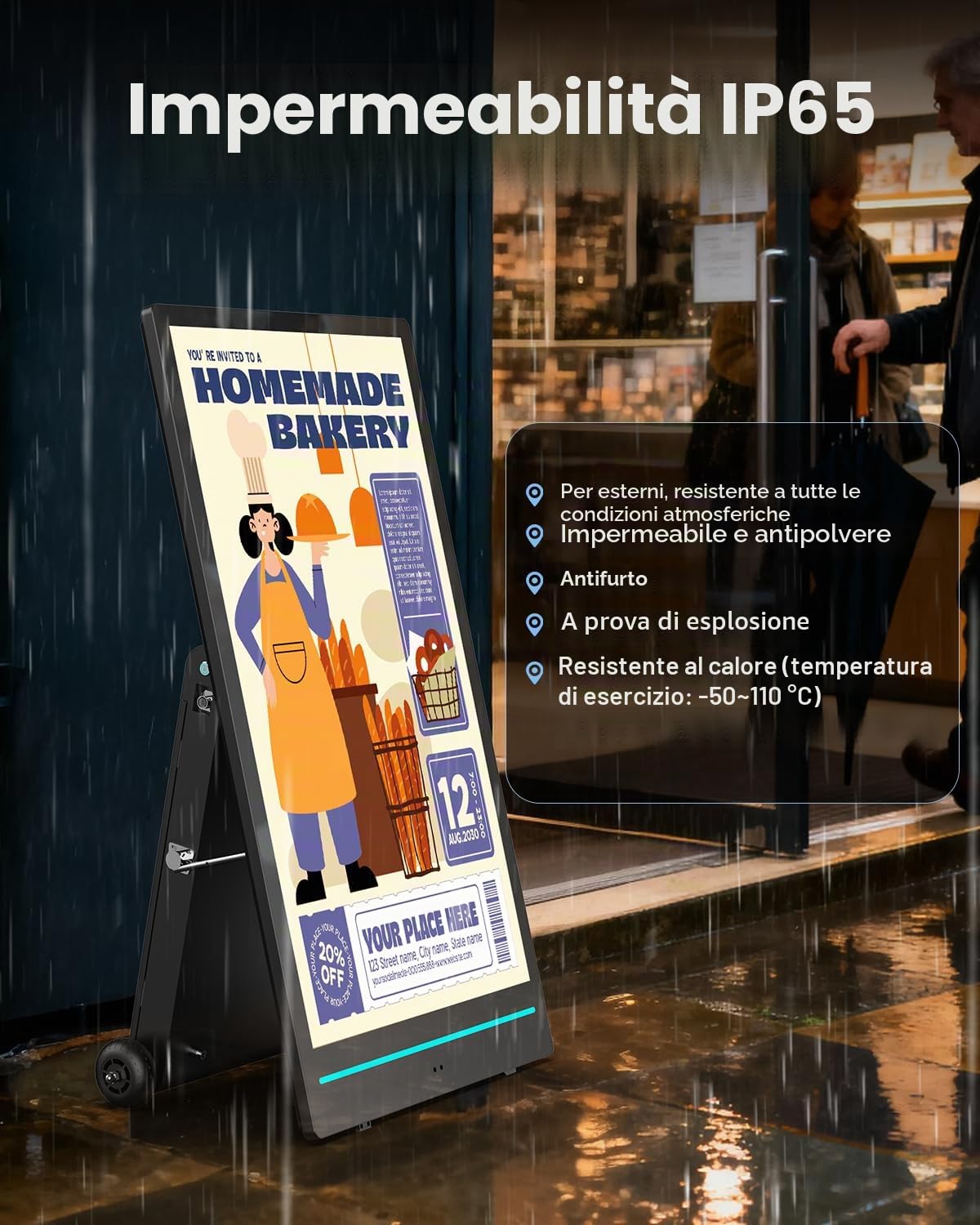 Totem Pubblicitario Digitale da Esterno 55", Schermo Pubblicitario Alta Luminosità 2000 Nits con Batteria 10h, Stop-Trottoir Impermeabile IP65 per Ristorazione