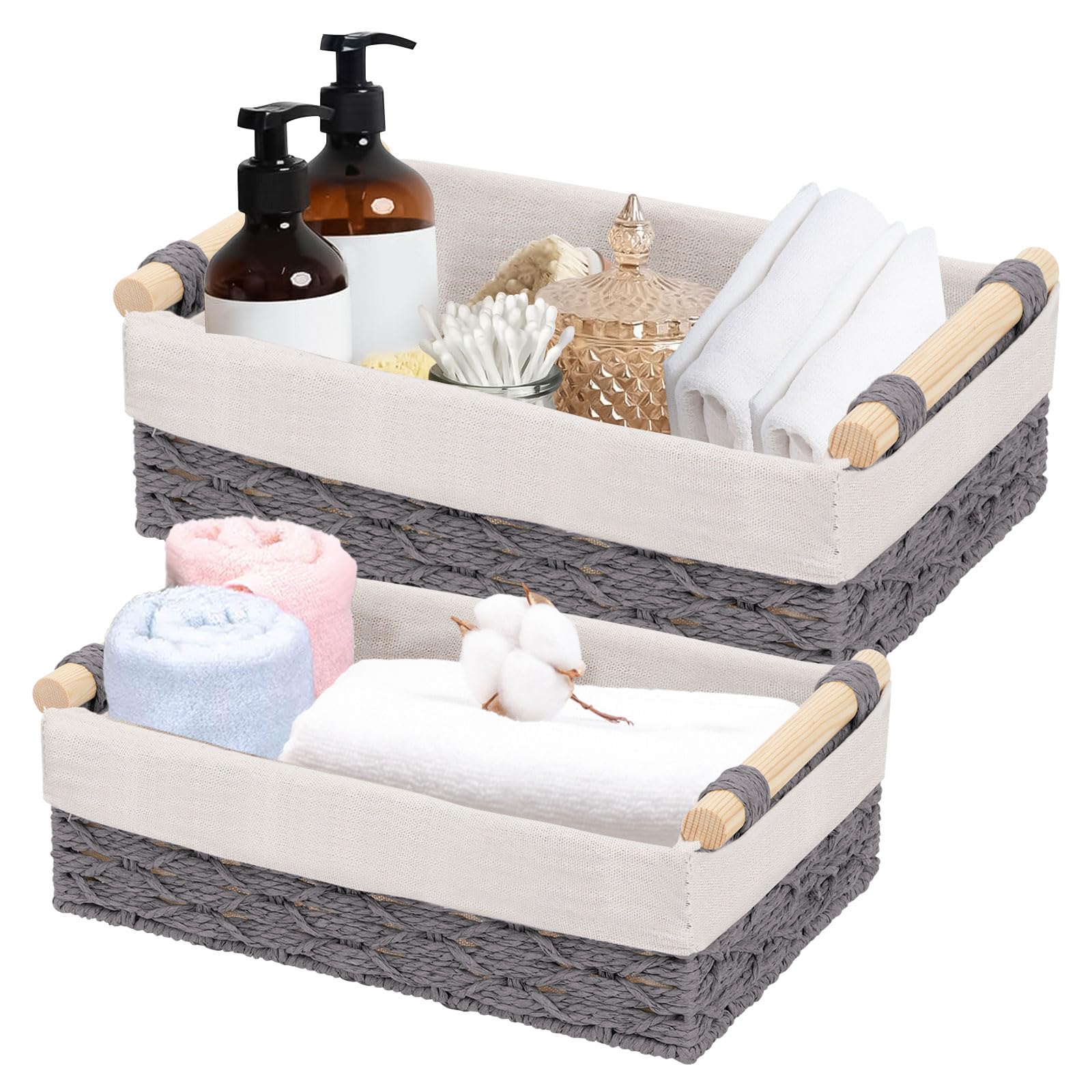 2 Pcs Wicker Baskets for Organizing, Wicker Storage Basket Toilet Paper Basket Decorative Bins with Handle for Bedroom Living Room Apartment (Gray)