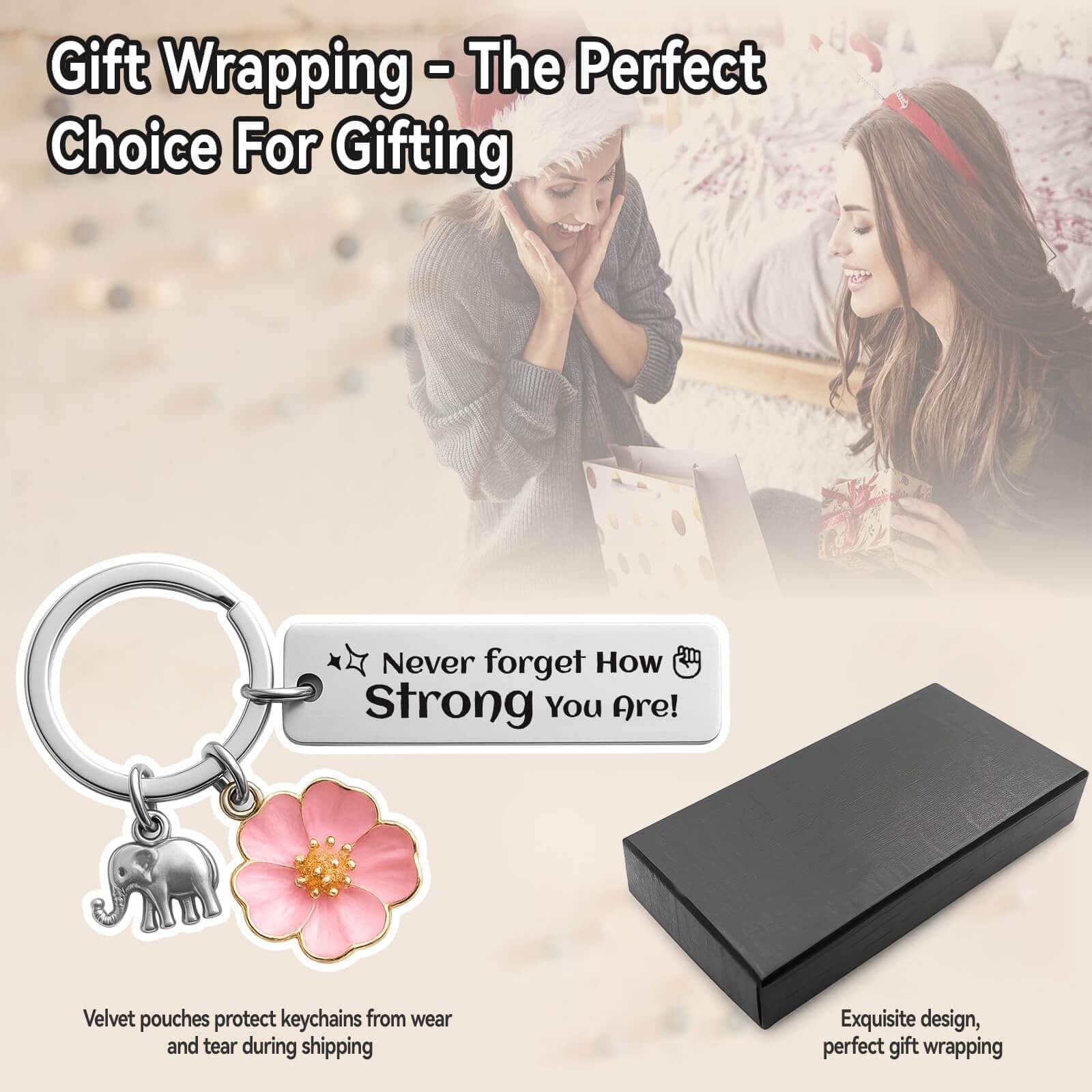 Bluradio Inspirational Keychain for Women, Motivational Gift “Never Forget How Strong You Are” Stainless Steel Keychain with Elephant & Flower Charms, Birthday Gifts for Women, Mom, Best Friend
