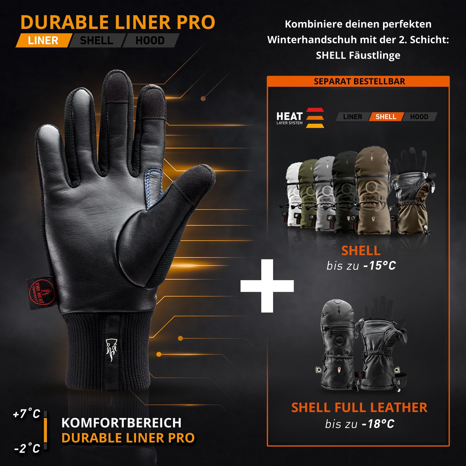 THE HEAT COMPANY – Durable Liner PRO – Touchscreen Lederhandschuhe Herren gefüttert - Premium Qualität - Thermo Handschuhe Damen Leder - windabweisende Winter Lederhandschuhe