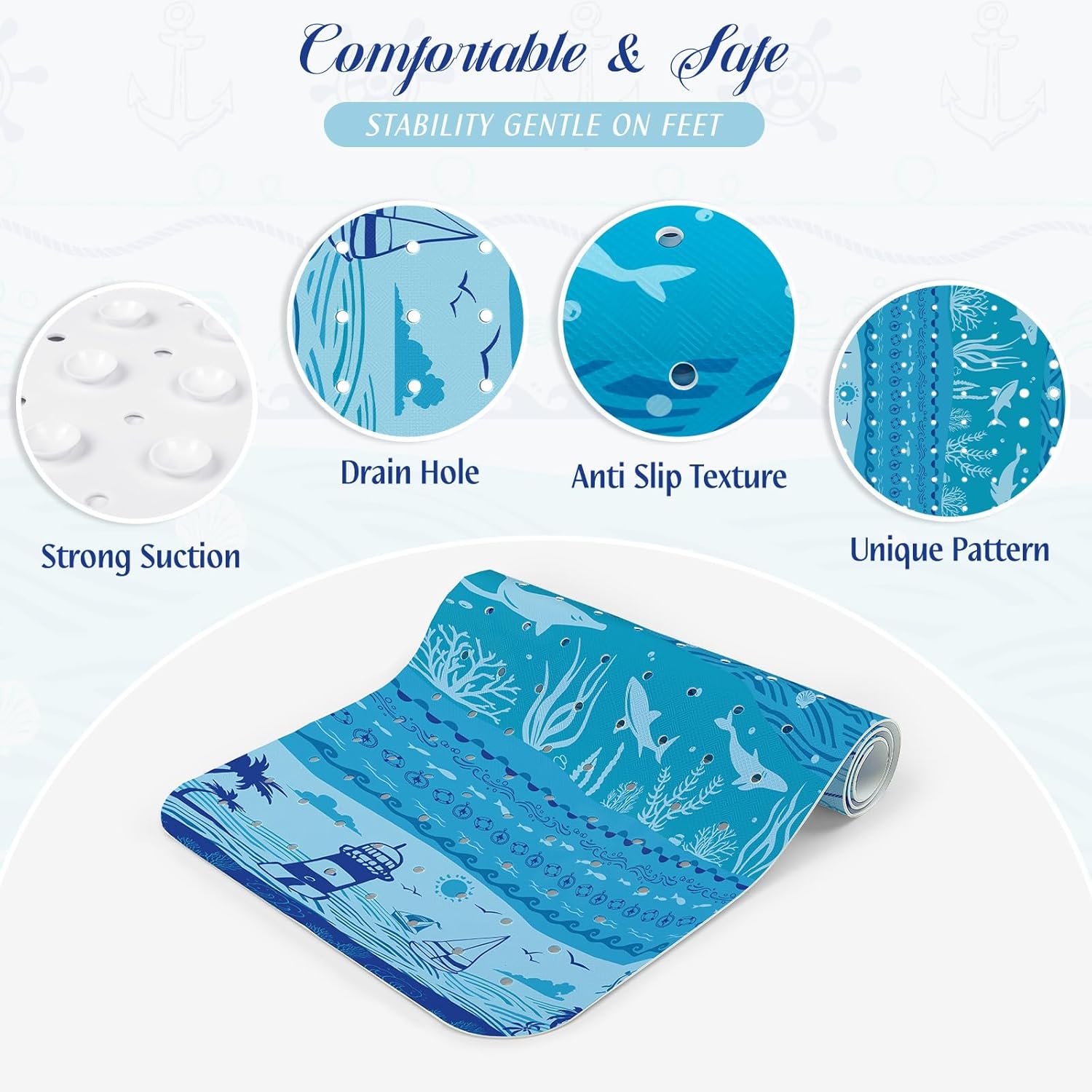 SHUCHING Blue Ocean Bath Mat for Tub Non Slip-40 X 16Inch, Sea Bathtub Mat Anti Slip, Extra Long Shower Mat for Bathroom Mold Free, Machine Washable