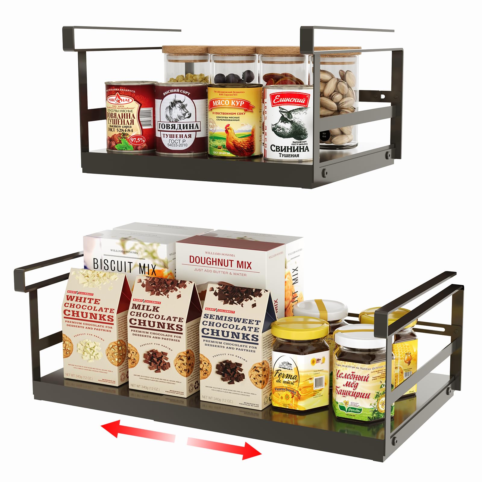 2 Pack Expandable Under Shelf Storage Basket Organizer,Hanging Slide-in Under Shelf Cabinet Drawer Organizer,Mental kitchen Countertop Organizer,Space Saving for Kitchen,Pantry,Desk,Bookshelf(Black)