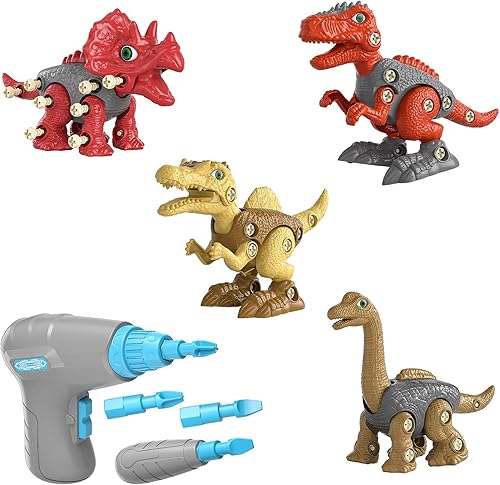 Miniatura 1 de Paquete de 4 juguetes de dinosaurio desmontables para niños de 3 a 5 a 7 años, juguete educativo de construcción con taladro eléctrico para niños