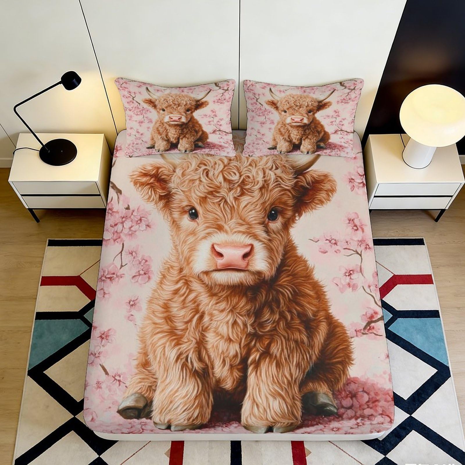 3D Printed Highland Cow Blossom Fitted Sheet Microfiber Non Slip Bed Cover for Bedroom Guest Room Mattress Protection 140x200x25cm