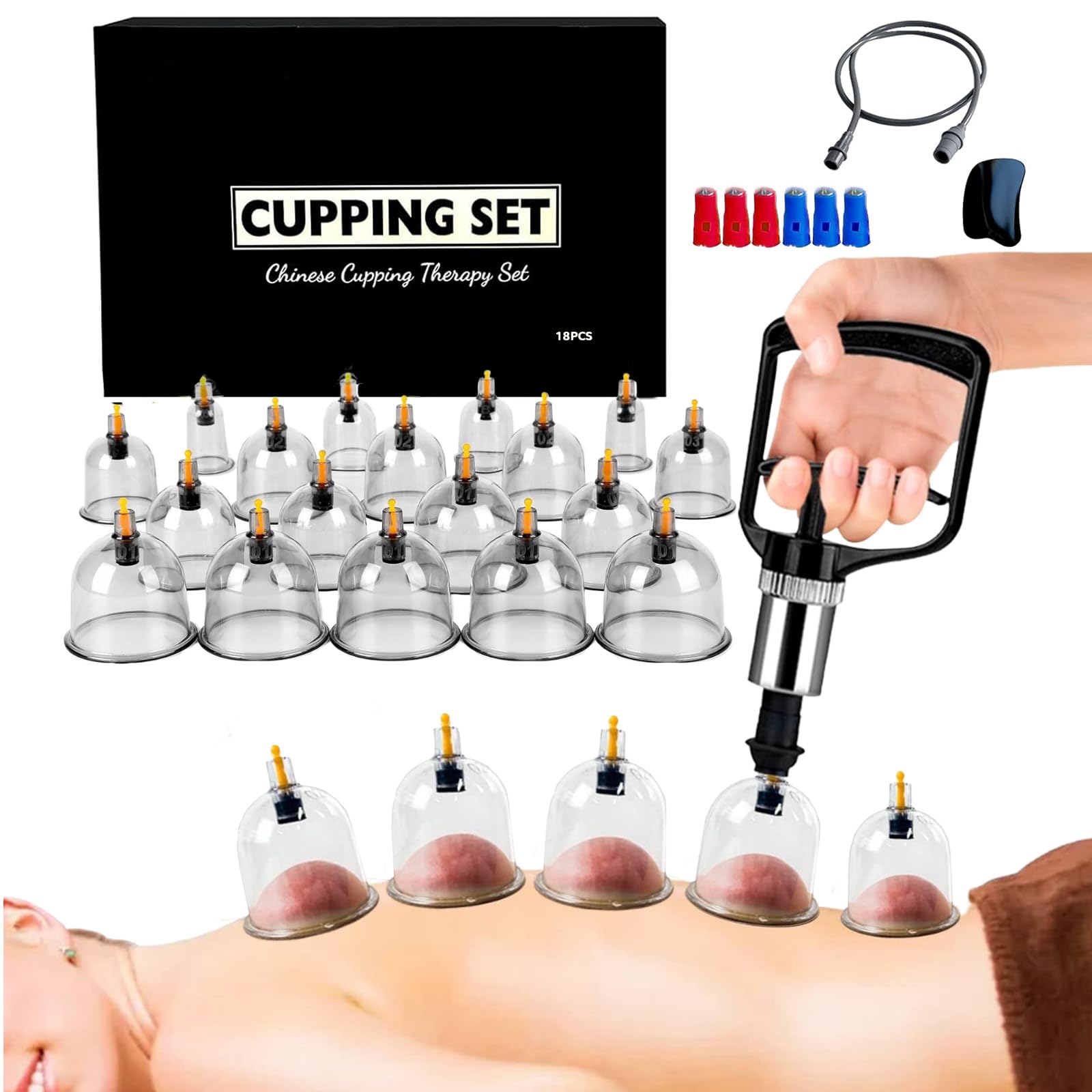 Kit de 18 Ventouses Thérapeutiques, ventouse massage anti-cellulite et relaxation musculaire，ventouse hijama comprenant aiguilles d'acupression amovibles, pompe à vide, tuyau d'extension