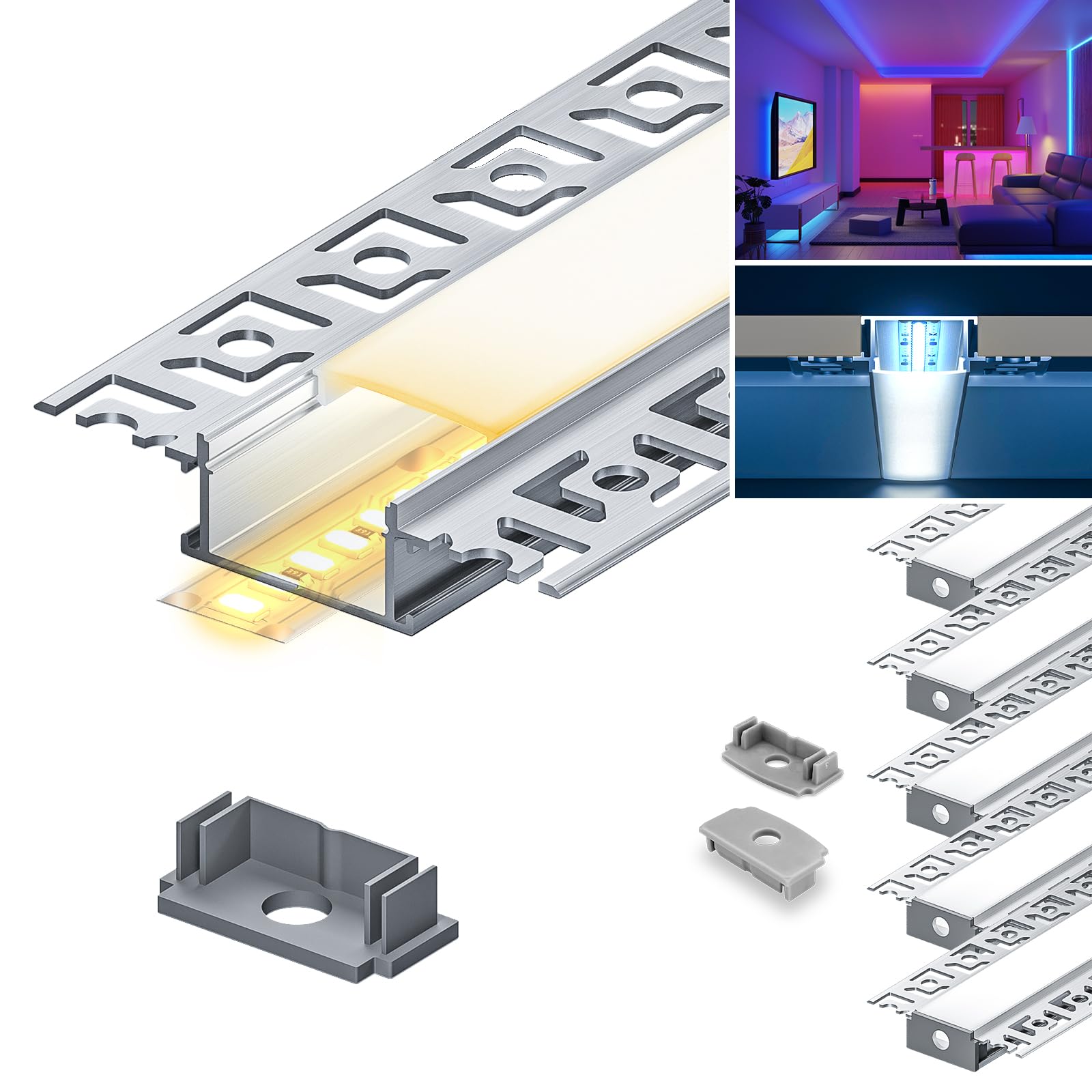HOOLED Profili in alluminio per strisce LED 2 m x 5 pezzi 10 m, Dimensioni 28 mm x 13,8mm alette 64,2mm, con copertura in pc opaco Per strisce LED di larghezza inferiore a 20,2 mm