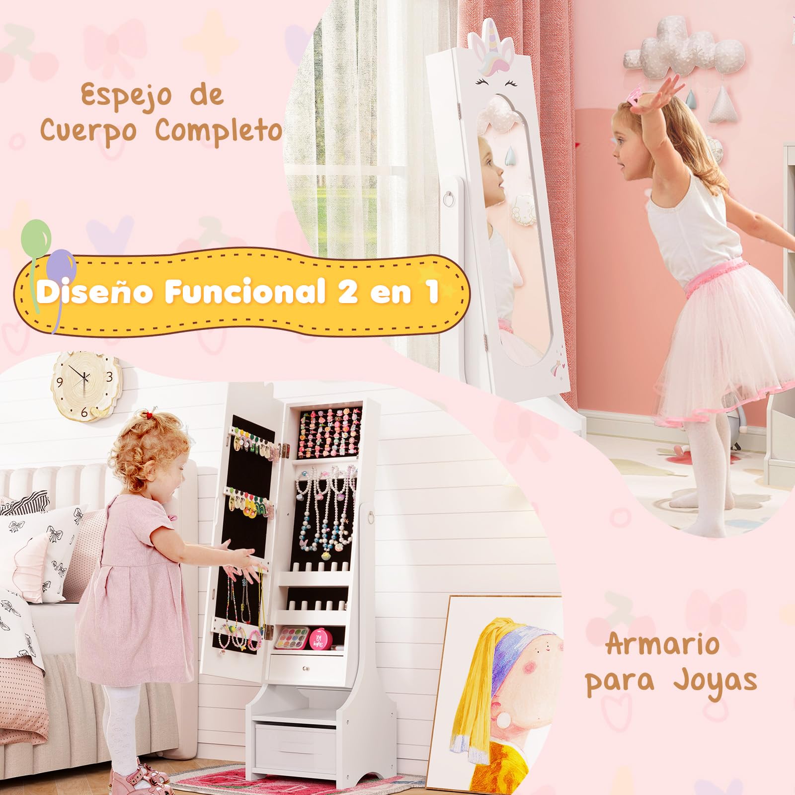 GOPLUS Armario de Joyería para Niños con Espejo de Cuerpo Entero, Organizador de Joyería Infantil de Pie con Cajón Plegable, 2 Ángulos Ajustables, Armario de Joya Princesa para Dormitorio (Blanco)