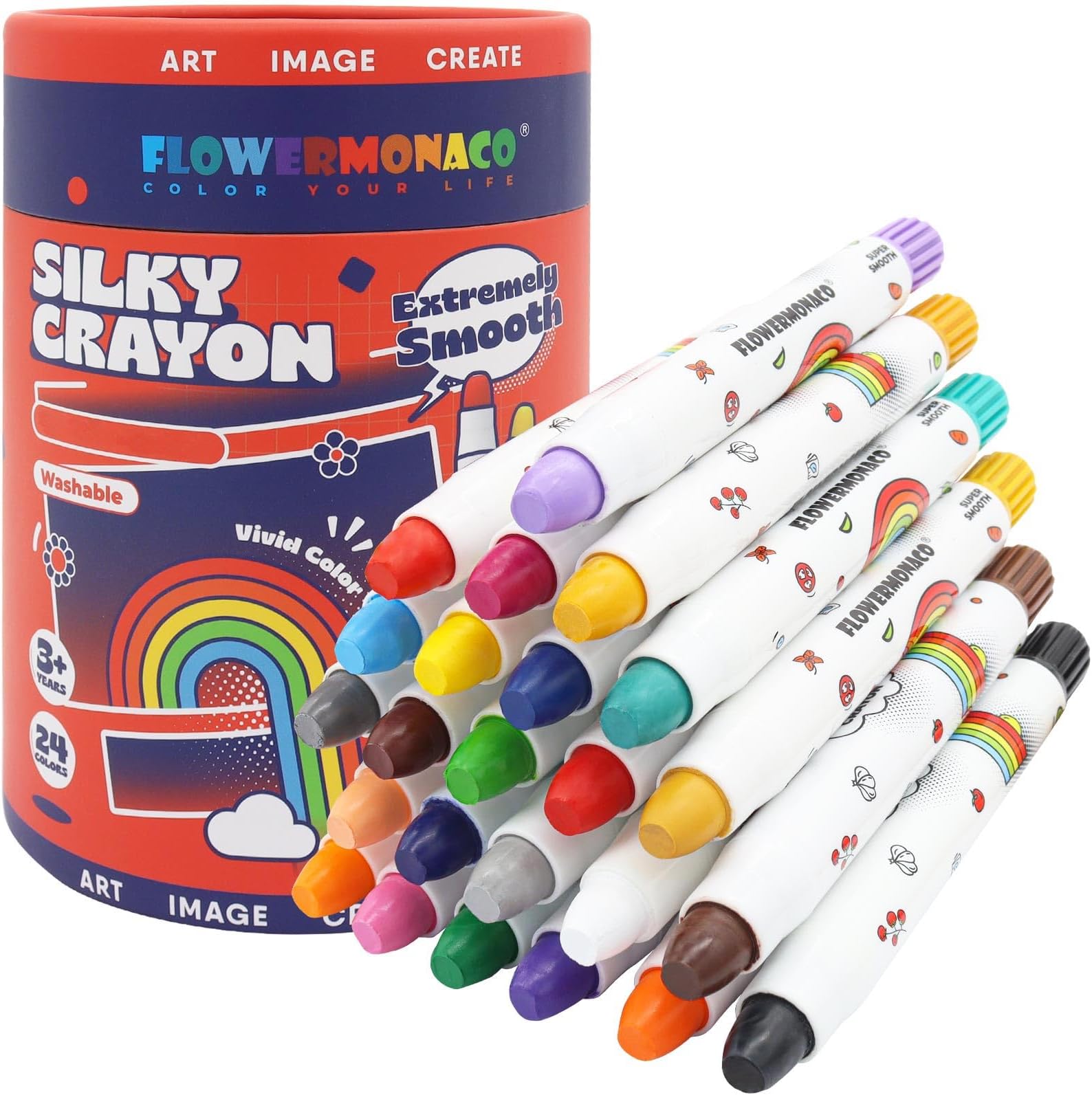 Lebze Washable Jumbo Crayons for Toddlers, 24 Colors Non Toxic Twistable Crayons Set, Silky Bath Crayons for Babies and Kids Flower Monaco