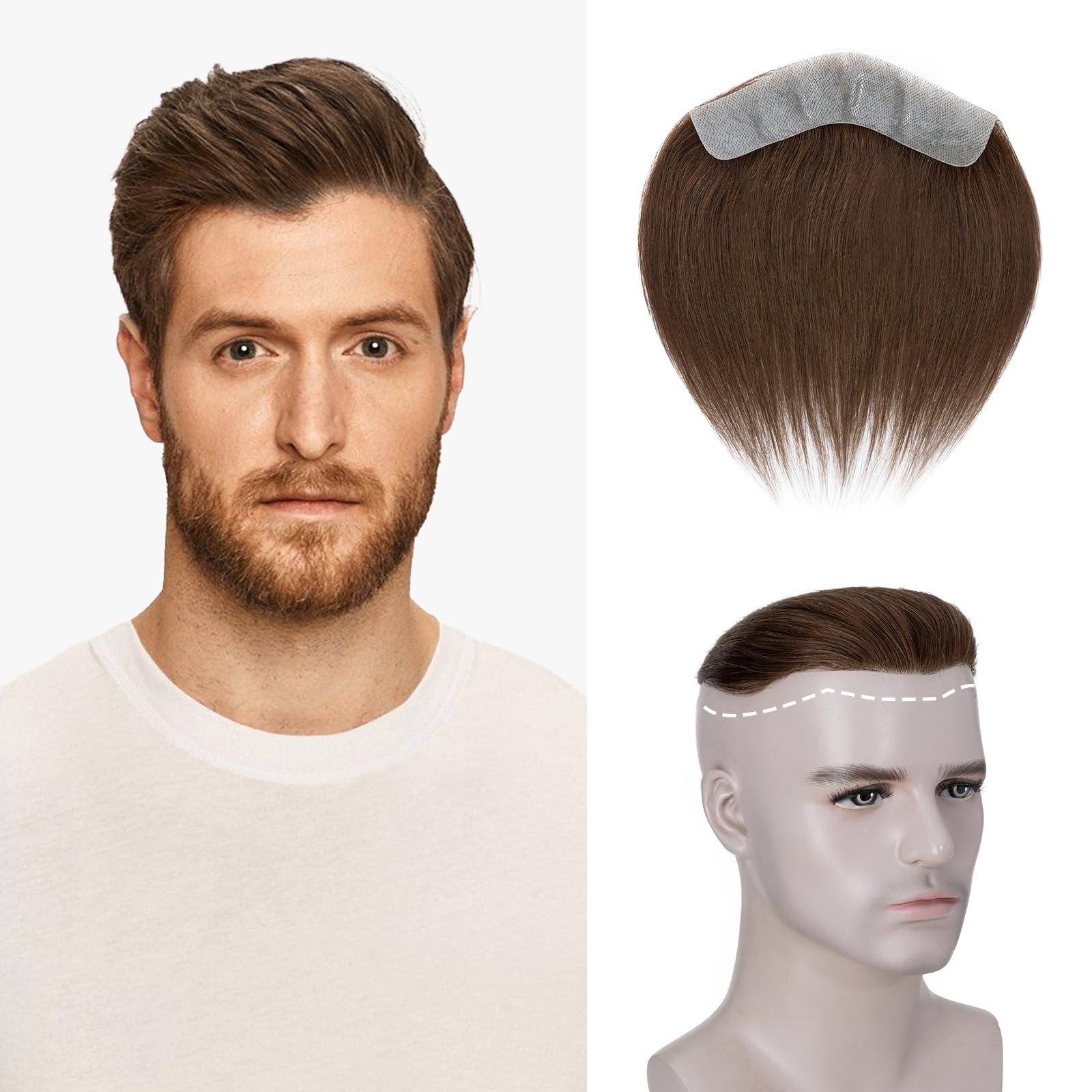 Elailite Men's Hairline V-Shape Frontal Toupee Real Human Hair Extension Invisible Forehead Hairpiece Fringe Bang Replacement System (4 * 18cm) (#04 Medium Brown, 6 Inch FRINGE)