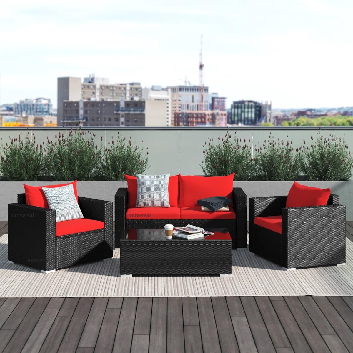 UF Furniture Patio Wicker Furniture Set 4 Pieces Outdoor PE Rattan Conversation Couch Sectional Chair Sofa Set with Red Cushion-image-27