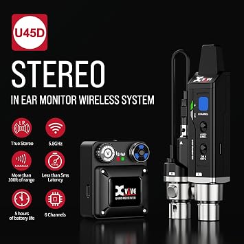 Xvive U45D Stereo Wireless in-Ear Monitor System, 5.8GHz Professional IEM System with <5ms Latency, Smart Channel Scan & 4 Monitoring Modes for Musicians, Singers & Worship Team