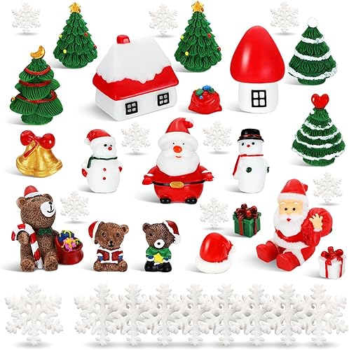 BBTO 45 Pcs Miniature Christmas Figures for Crafts Mini Christmas Figurines Include Mini Resin Tree Snowman Small Bear Castle Snowflake Ornaments