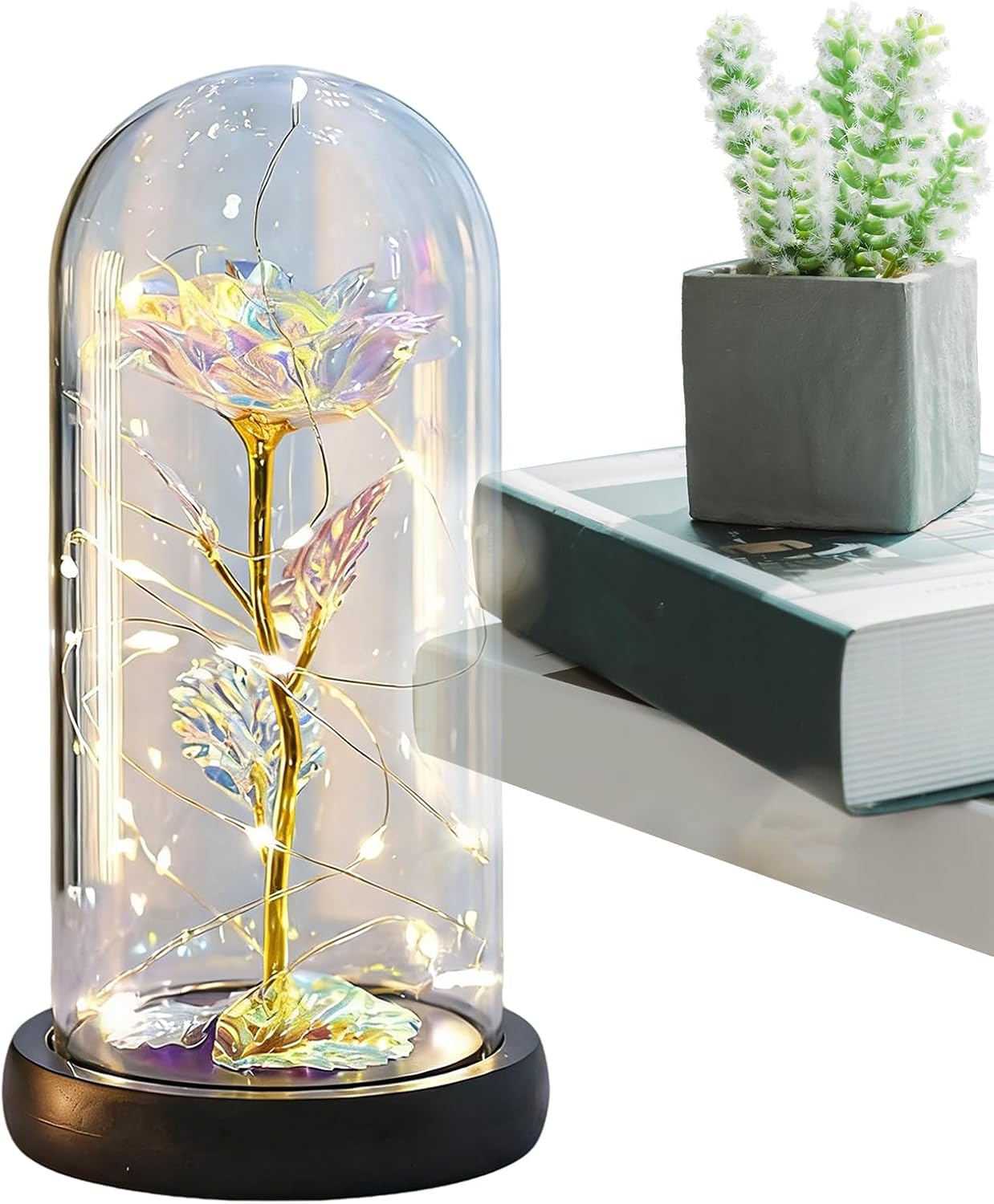 Preserved Flower Rose, 21.5x11cm Acrylic Dome with LED Light, Gold Foil Eternal Flower for Romantic Home Decor, Wedding, Party, Gift Use
