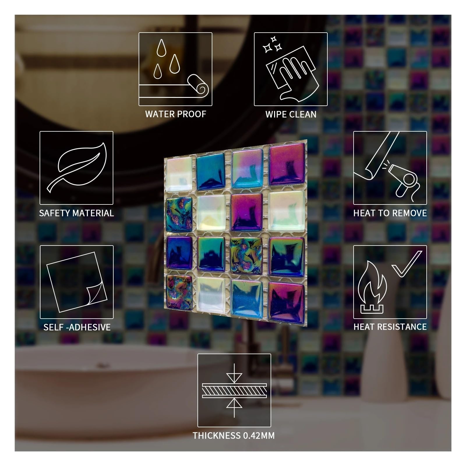Naklejki imitujące płytki mozaikowe, Mosaic Tile Sticker Multicolor 10x10 cm Self-Adhesive 10/20/50 pcs(Color 1,10x10CMx50PCS)