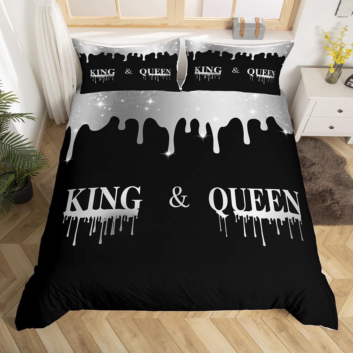 Homemissing Silver Black Mr Mrs Duvet Cover Single Size King Queen for Couple Man Woman Comforter Cover His and Hers Bedding Set Romantic Bedspread Cover Lightweight Bed Set With 1 Pillow Case