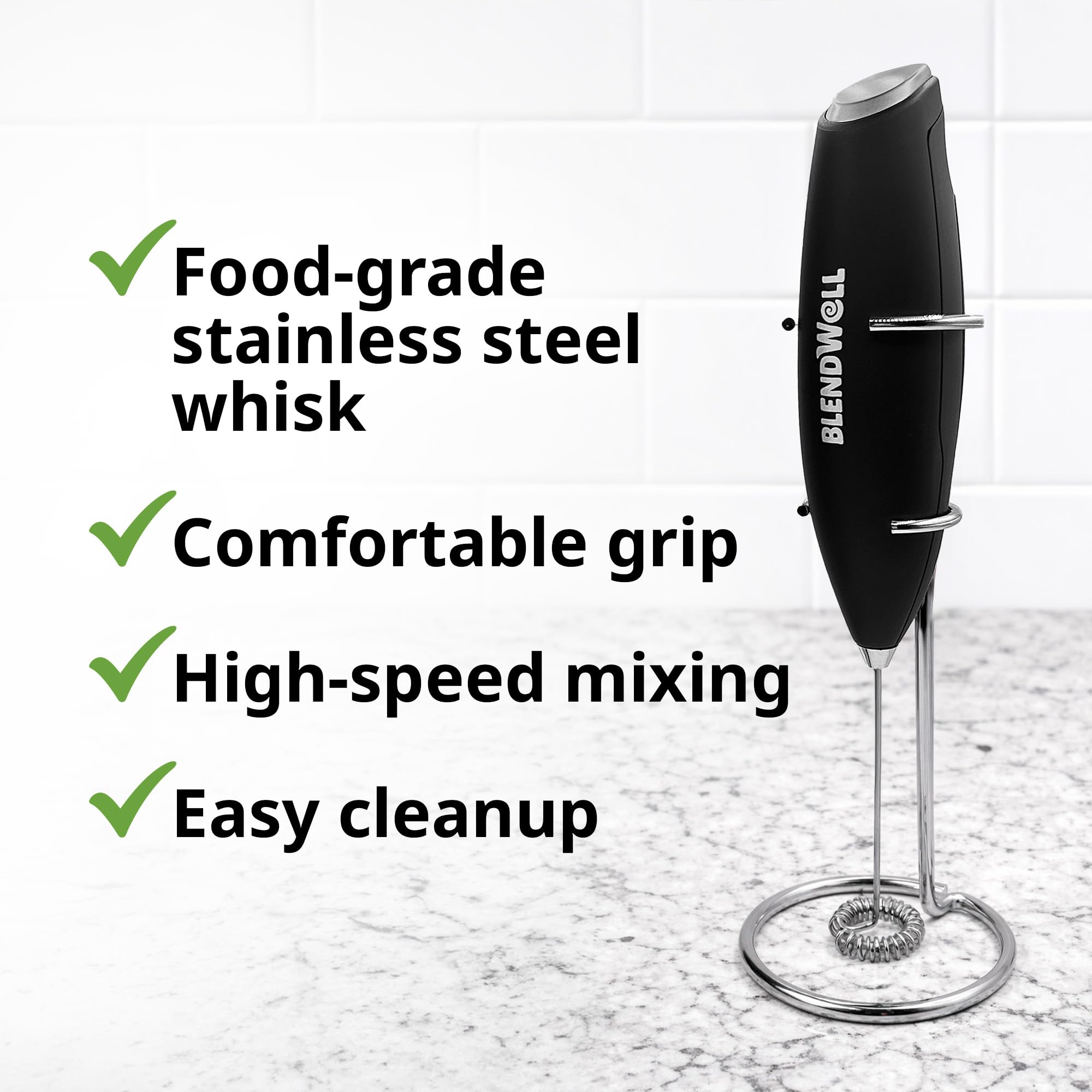 BlendWell Elektrischer Milchaufschäumer für Matcha und Kaffee, Handheld Batteriebetriebener Getränkemixer mit Ständer, Edelstahl Schneebesen, Schwarz