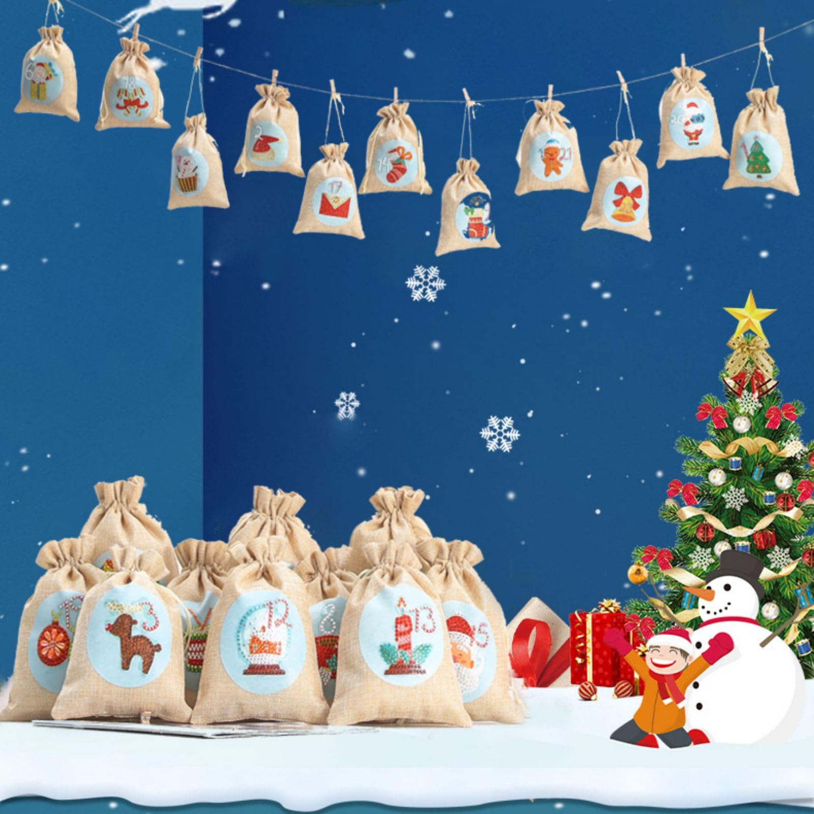 24 Adventskalender Tüten zum Befüllen Jutesäckchen, 24 Jutesäckchen Adventskalender zum Befüllen Stoff, Weihnachtssüßigkeitsbeutel, Geschenkbeutel 15x20 cm-Weihnachts-Süßigkeitentüte