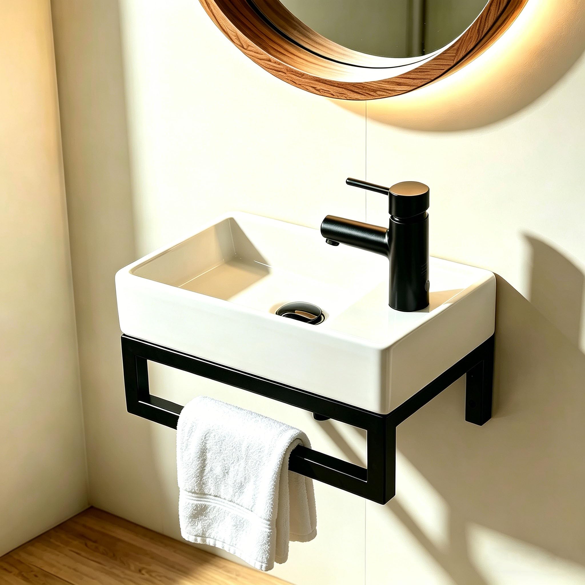 NUESTRA VIDA Hängendes Mini-Waschbecken aus weißer Keramik mit schwarzem Matt-Metallgestell – 40x22x24 cm, eckig, mit Überlaufloch – Ideal für Gäste-WC – ohne Armatur und Pop-up-Abfluss