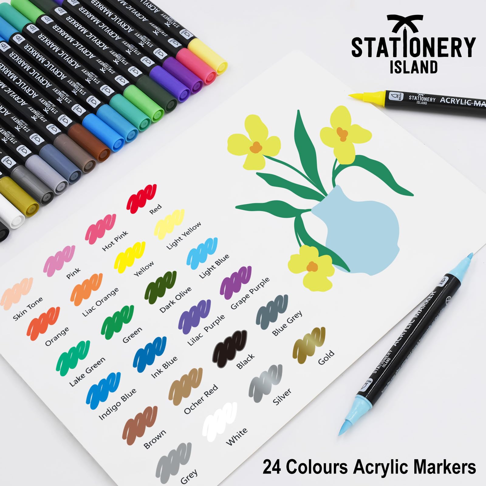 STATIONERY ISLAND Acrylverf pennen 24 kleuren verf markers dubbele tip