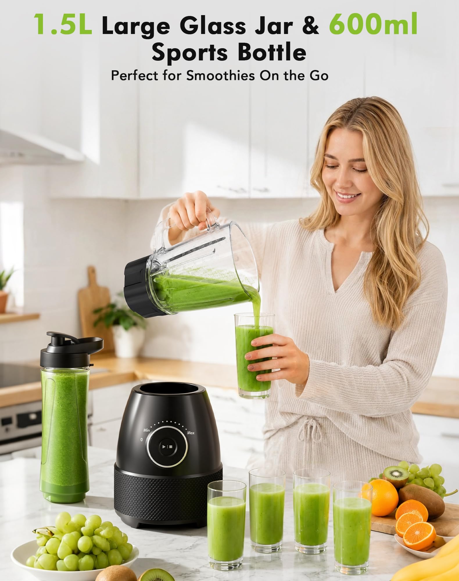 Blender blendera, 1500 W Smoothie blender 24000 obr/min, 12 regulowanych prędkości, 6 ostrzy ze stali nierdzewnej ze szklaną miską 1,5 l / butelka sportowa 600 ml bez BPA Łatwa obsługa i czyszczenie