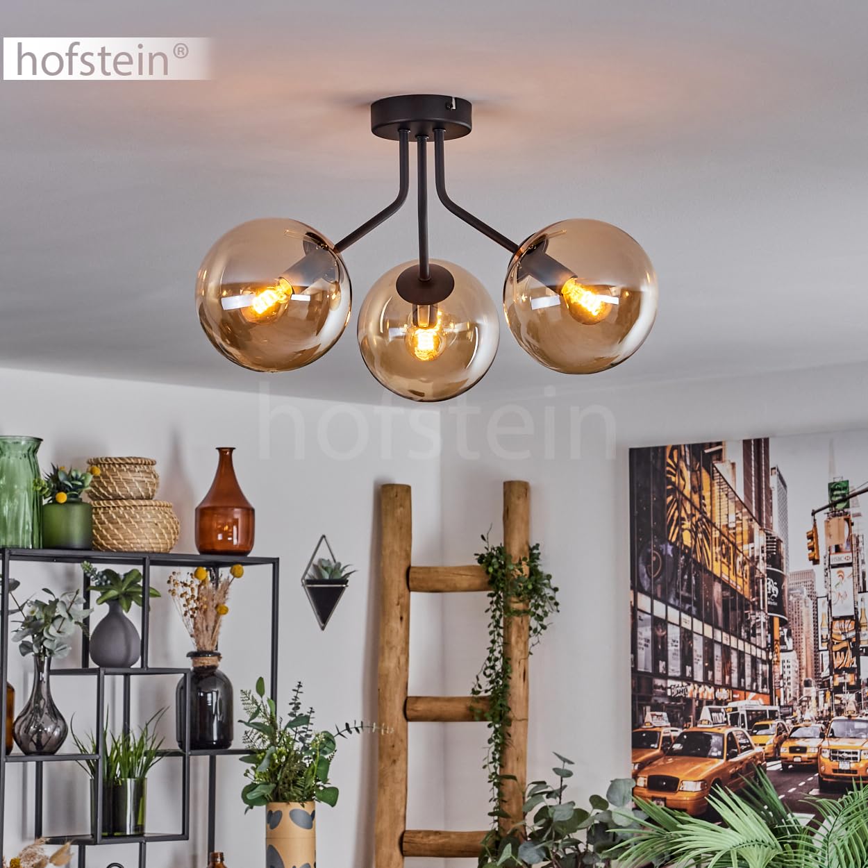 Plafoniera Koyoto, lampada da soffitto in metallo/vetro in nero/ambra, illuminazione moderna in stile retrò/vintage con paralumi in vetro, Ø 15 cm, 3 x E14, per camera da letto, soggiorno, cucina