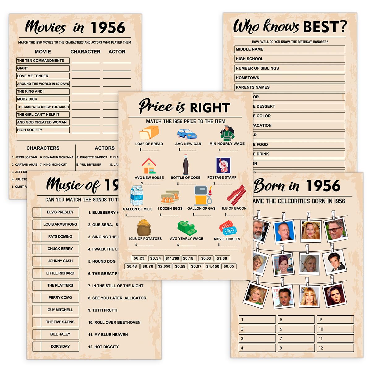 QUPT 70th Birthday Party Games, Set of 5 Activities for 10 Guests, Born in 1956 Games Bundle, Birthday Party Supplies for Adults, Pack of 50 Cards