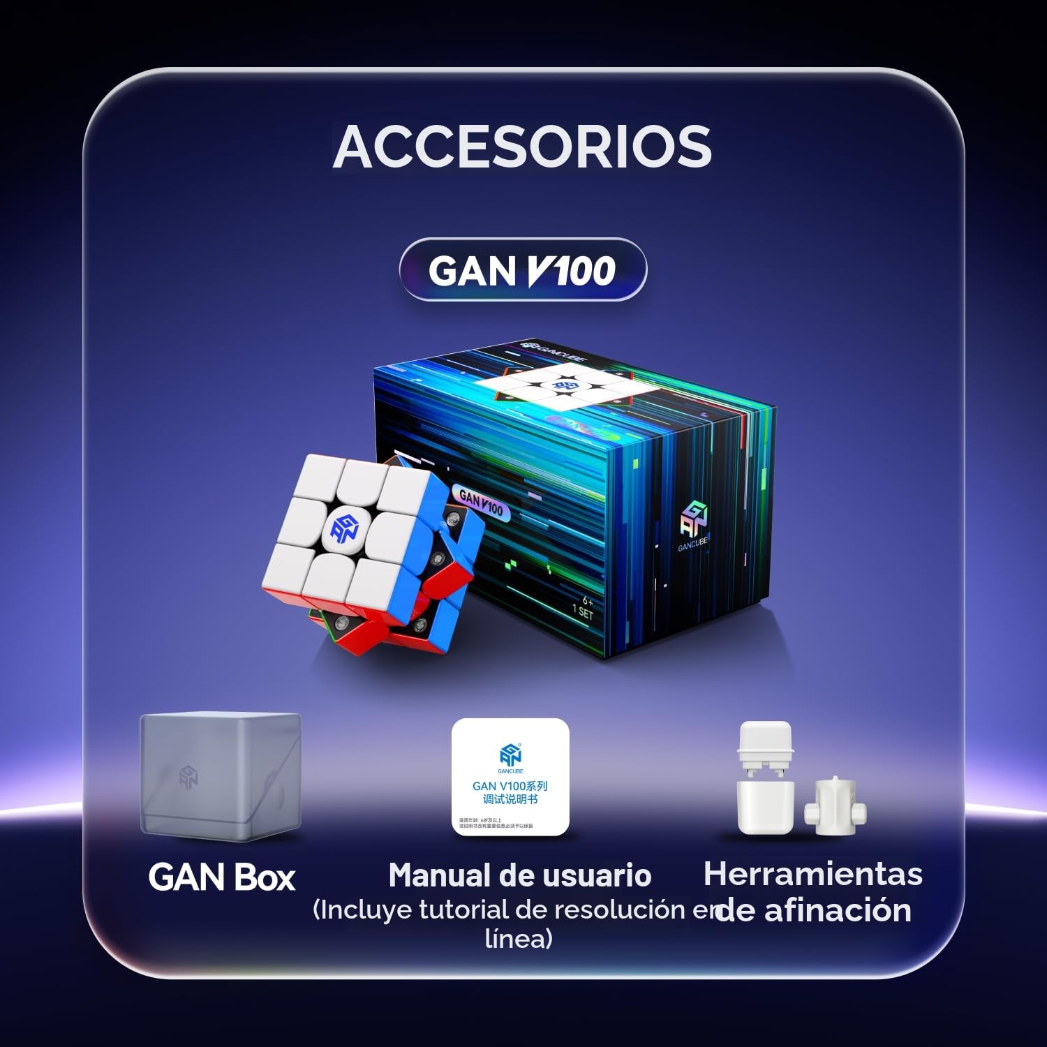 GAN V100 Maglev Speed Cube 3x3, Magnético Cubo Ultraligero de 64 g, Profesional Original Cubos de Velocidad, Apto Tanto para Niños como para Adultos, UV Version, Superficie Interior Negro 55mm