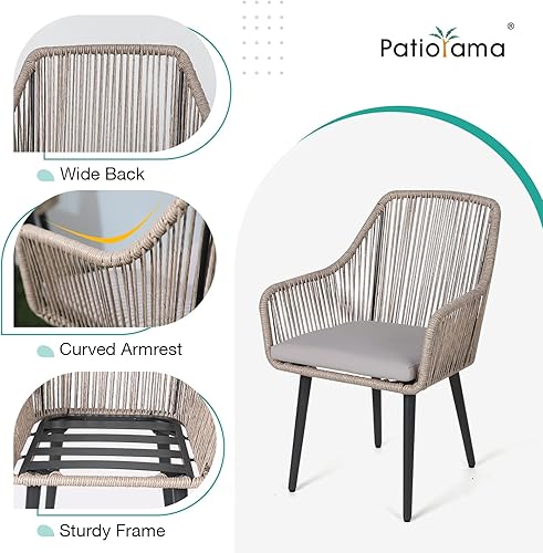 Miniatura 6 de Patiorama Outdoor Dining Chairs, Patio Dining Chair Set of 2, All-Weather Woven Rope Rattan Chairs, Outdoor Dining Wicker Chairs with Armrests for