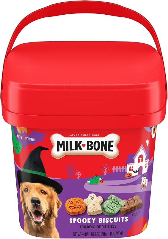 Biscoitos para Cães Milk-Bone Spooky Biscuits com Formatos de Halloween, Balde de 680 g, Pacote com 6