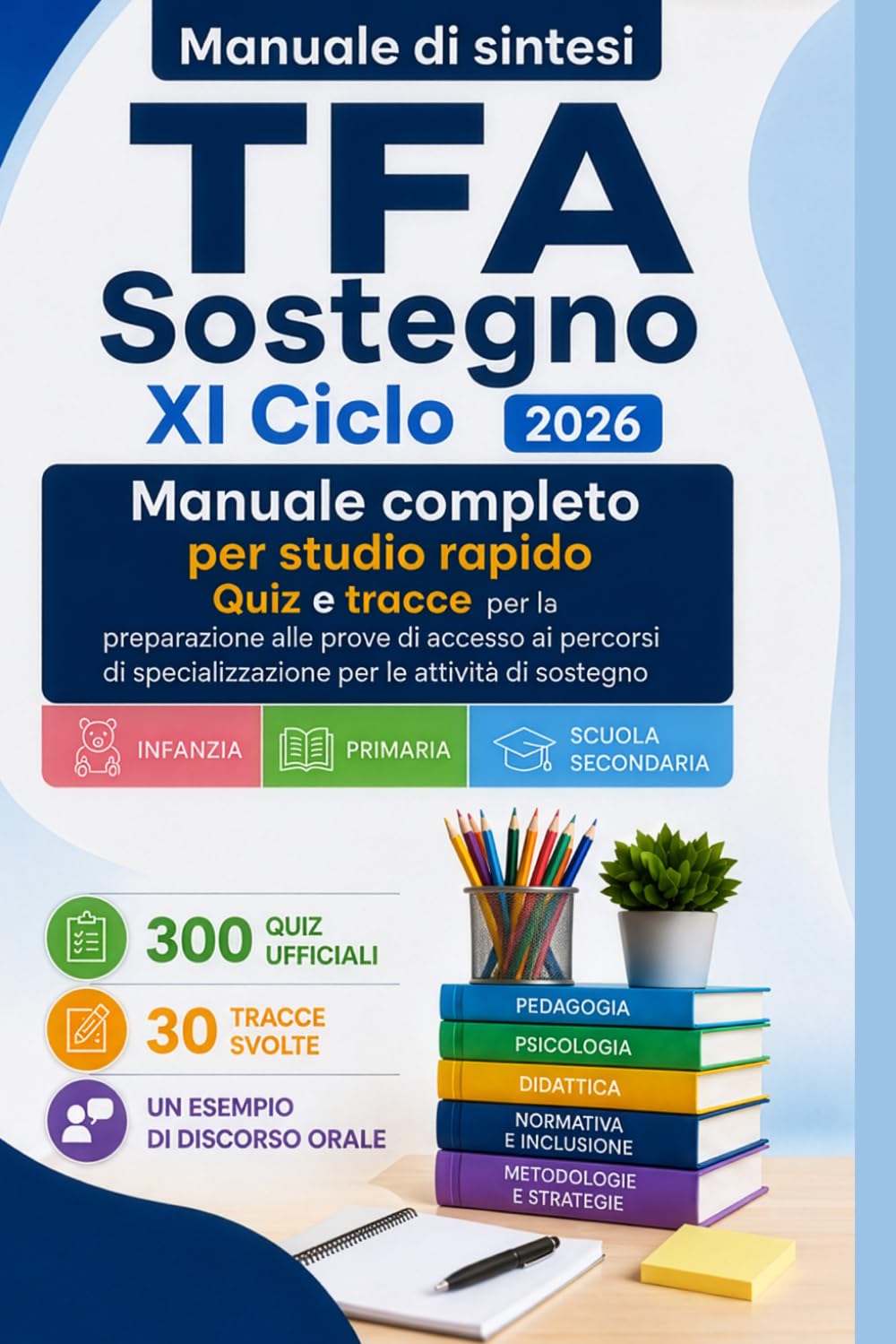 TFA Sostegno XI Ciclo 2026 - Preparazione completa e rapida: Manuale di sintesi con teoria, 300 quiz ufficiali, 30 tracce svolte e un esempio di ... per Infanzia, Primaria e Scuola Secondaria