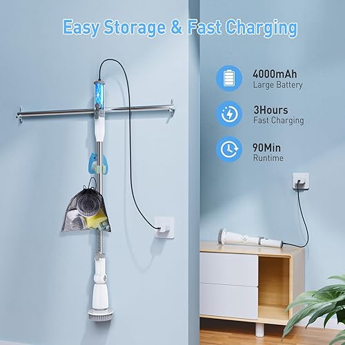 Miniatura 6 de Marchpower Limpiador eléctrico giratorio, cepillo de limpieza inalámbrico con 6 cabezales de cepillo reemplazables, 2 velocidades, mango desmontable