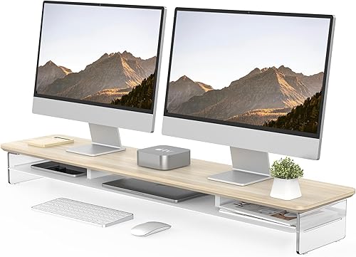 Fenge Soporte de acrílico para monitor, soporte de monitor doble de 42.5 pulgadas con almacenamiento de metal, elevador de computadora acrílico de 2