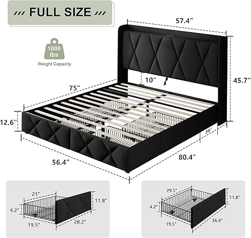 Miniatura 10 de Feonase Base de cama Queen con 4 cajones de almacenamiento, cabecera de almacenamiento tapizada con botones con estación de carga rápida, soporte de