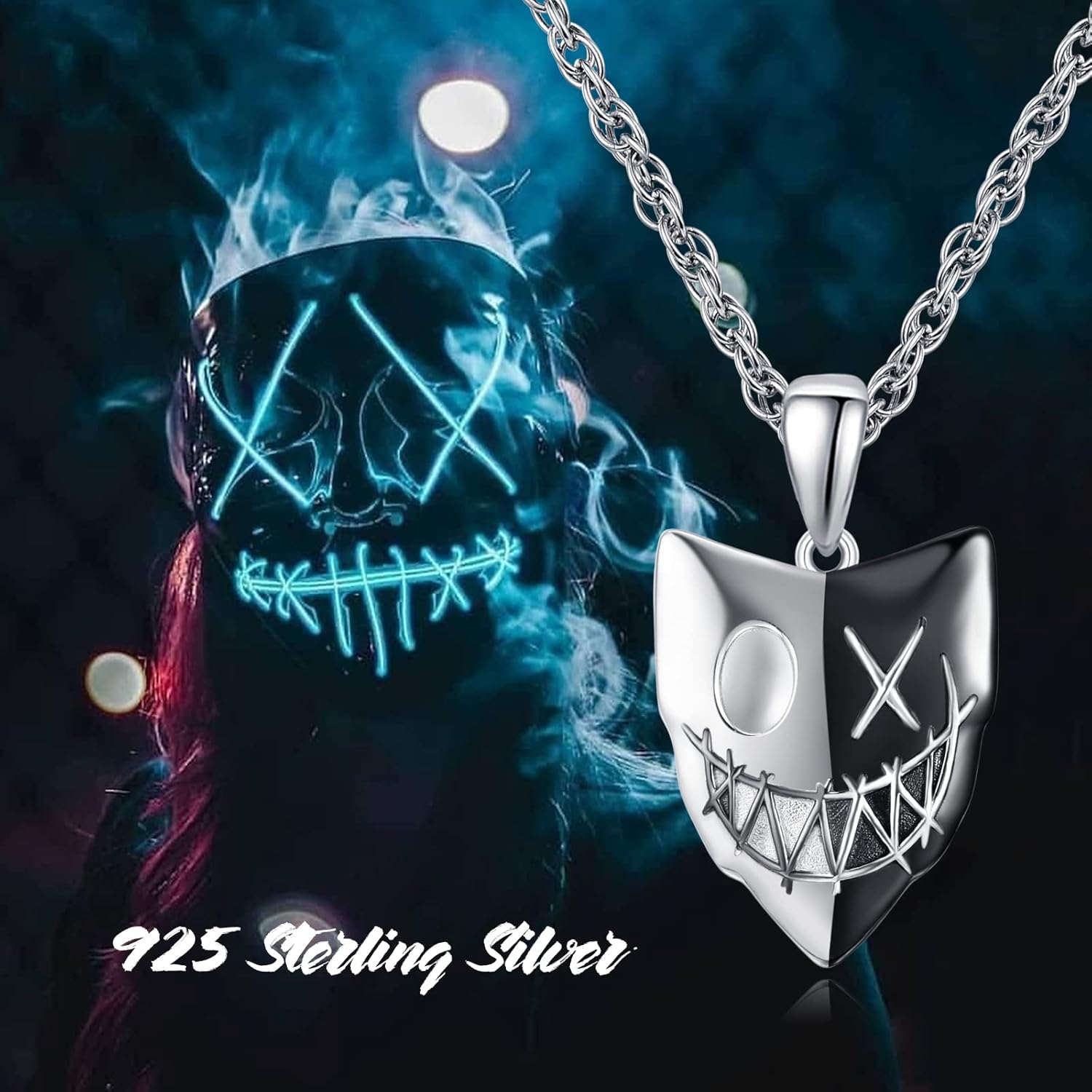 TANGPOET Skull Necklace 925 Sterling Silver Skeleton Punk Pendant Viking Skull Mask Necklace Hiphop Masquerade Party Halloween Gothic Jewelry Gifts for Men Women