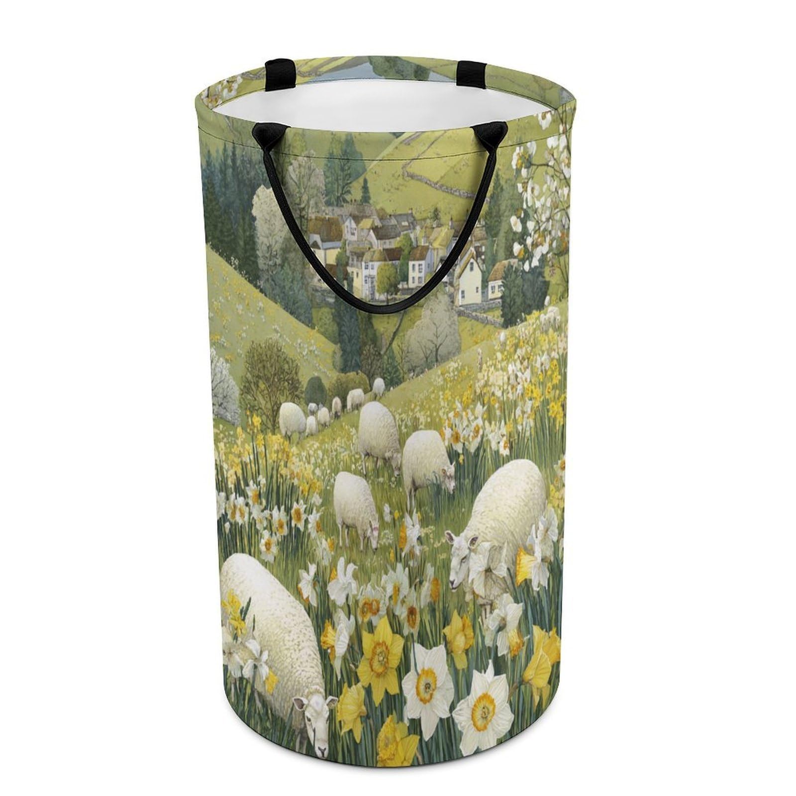 LUYYSKY Rustic Abstract Animals Sheep Versatile Storage Laundry Basket, Watercolor Western Spring Farmhouse Daisies Floral Alpaca Large Capacity Bathroom Hamper With Handle