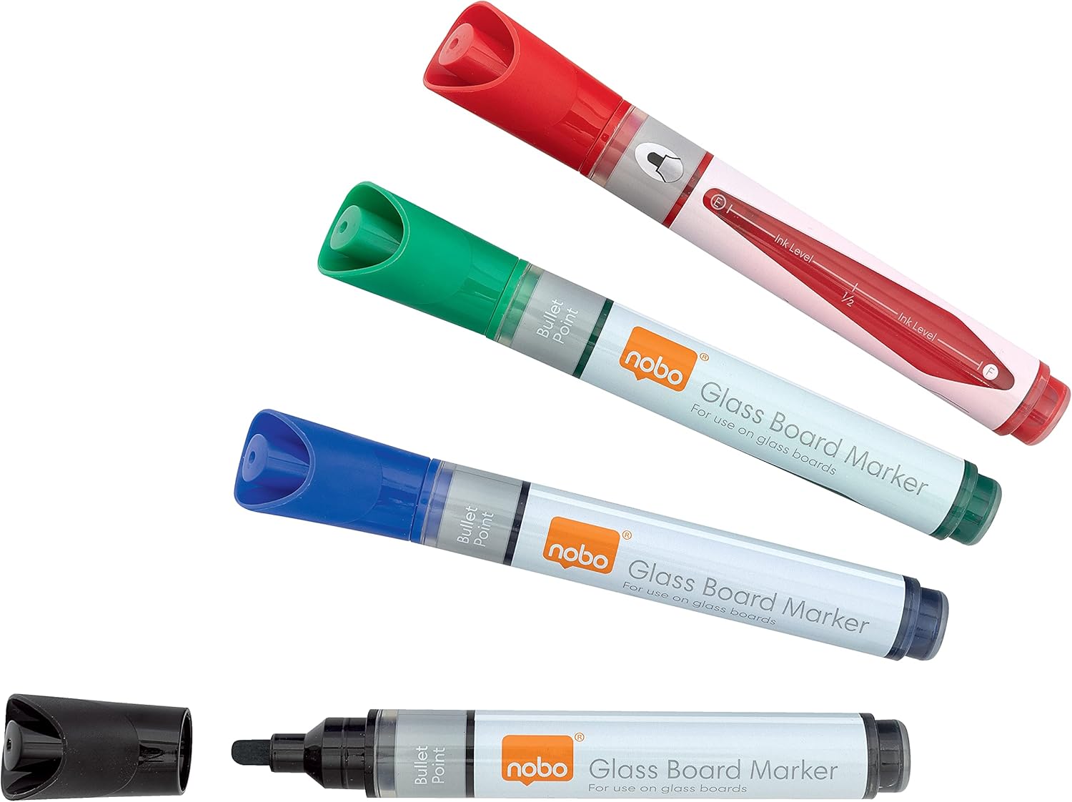 Nobo Liquid Ink Glass Whiteboard Pens, 3mm Bullet Tip, 4 Pack, Dry Erase Markers, Assorted Colours, 1905324