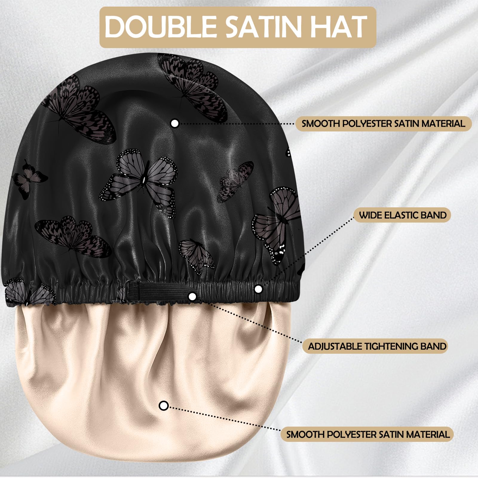 BHAHB Satin Bonnet Silk Bonnet for Sleeping Double Layer Elastic Adjustable Hair Caps Reusable Cute Aesthetic for Women Girls (O17-Black Butterfly) - Image 4