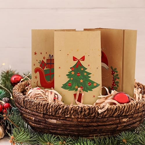 Miniatura 4 de Ireer 100 bolsas de regalo de Navidad de 9.4 x 5.1 x 3.1 pulgadas, bolsas de papel kraft de Navidad, bolsas de regalo de Navidad para vacaciones,