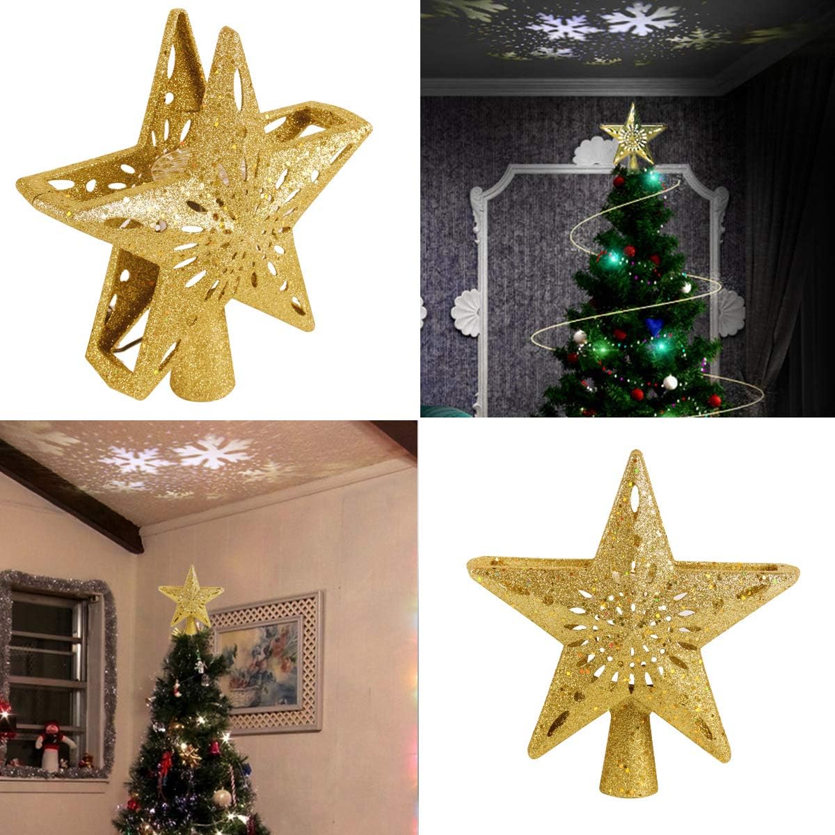Star Christmas Tree Topper Decorations - Glittering Gold Hollow Tree Topper, Rotating 3D Projector Lamp Design Light White Snowflake for Christmas Tree Ornament Indoor Home Décor by FengRise