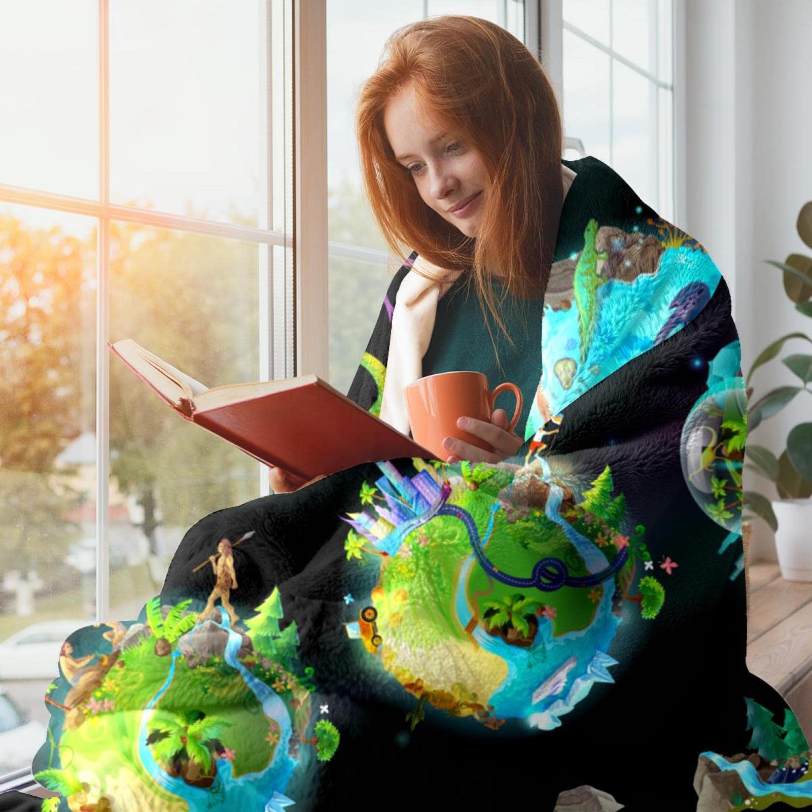 Coperta in pile Etapas-Evolucion-Tierra-Creacion-Dibujos-Animados-Varios-Iconos-Colores-Plantas-Animales per divano o letto