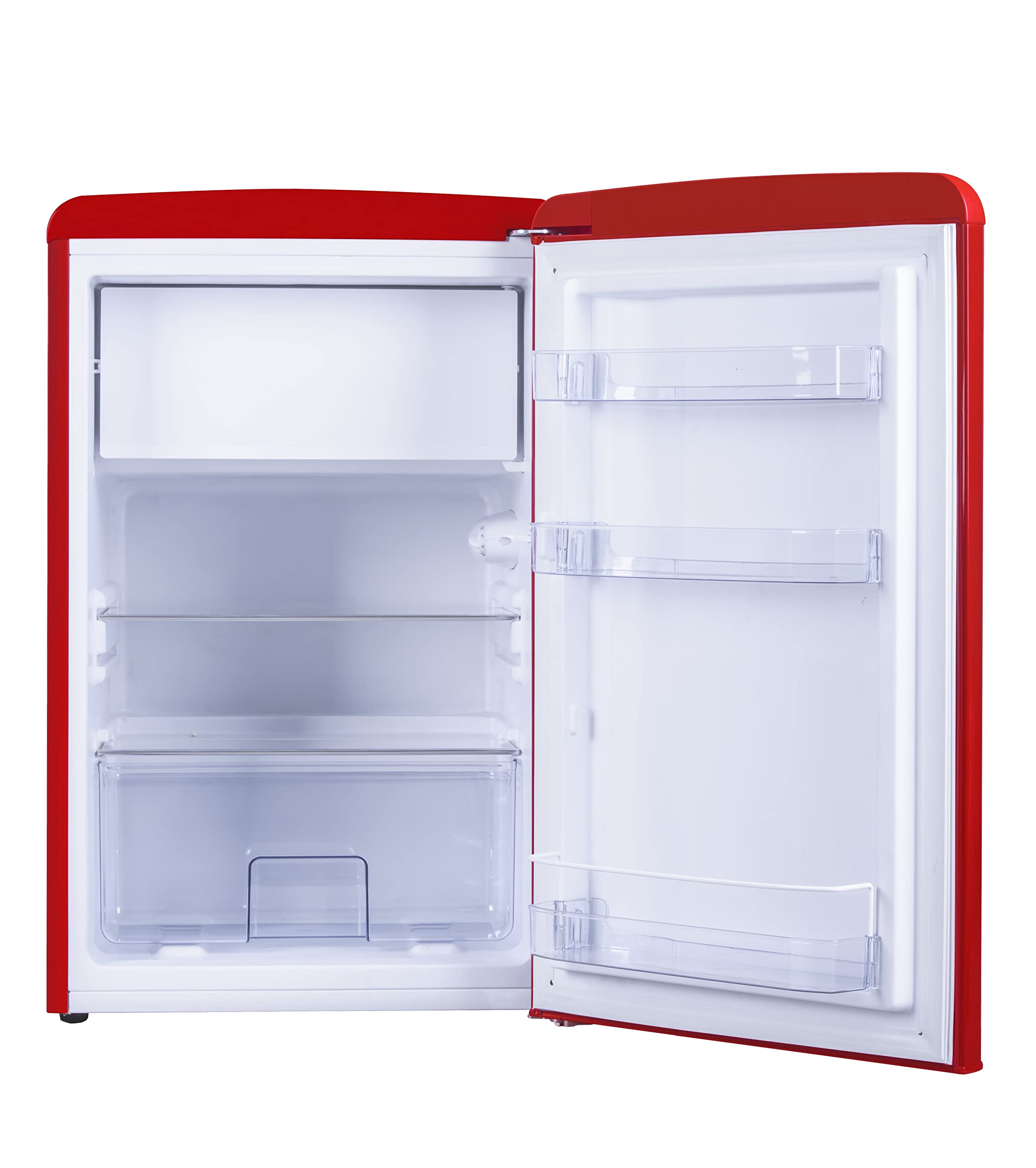 Amica KS 15610 R Retro Kühlschrank mit Gefrierfach / Chili Red (Rot) / 88cm (H) x 55cm (B) x 62cm (T) / Retro-Design