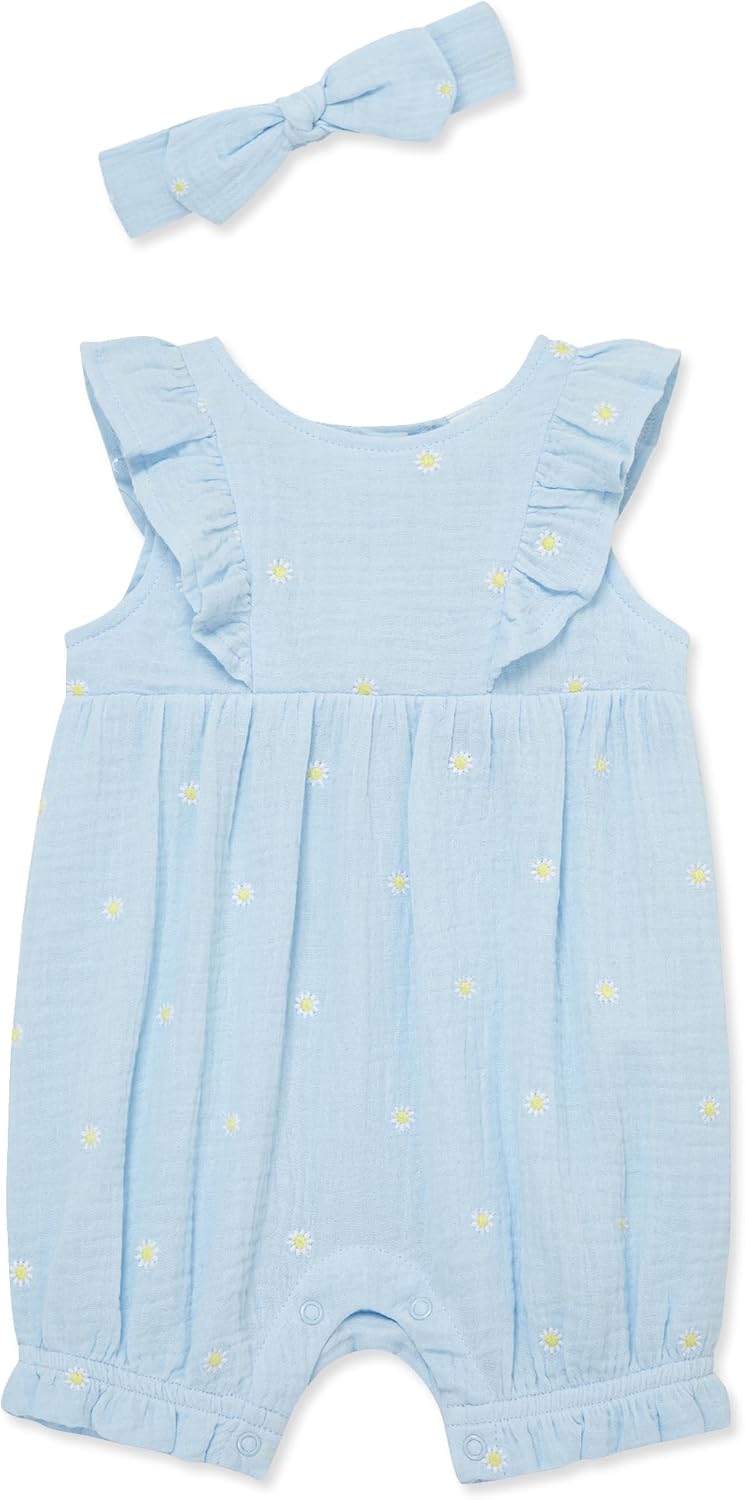 Little Me Clothes for Baby Girls' Gauze Romper and Headband Set, 3-12 Months